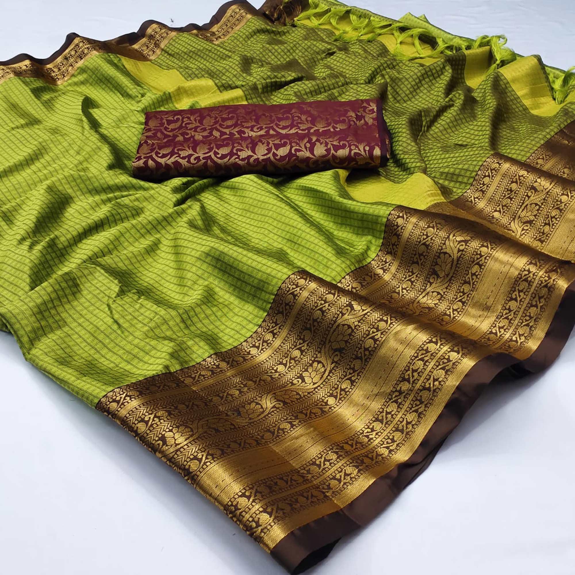 Green Woven Cotton Silk Saree With Tassels - Peachmode