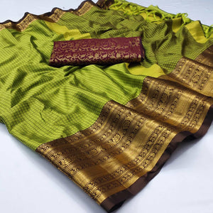 Green Woven Cotton Silk Saree With Tassels - Peachmode