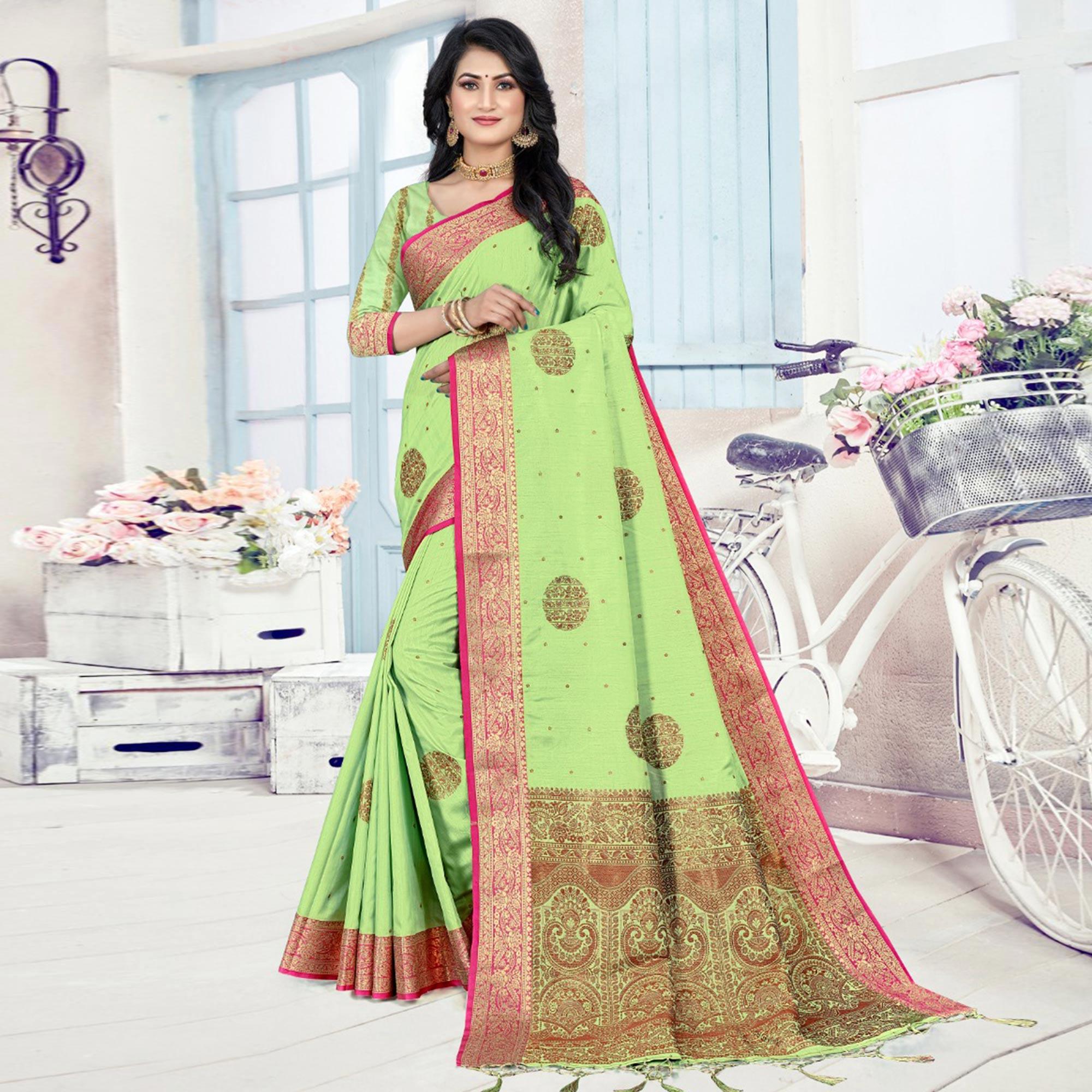 Green Woven Cotton Silk Saree With Tassels - Peachmode