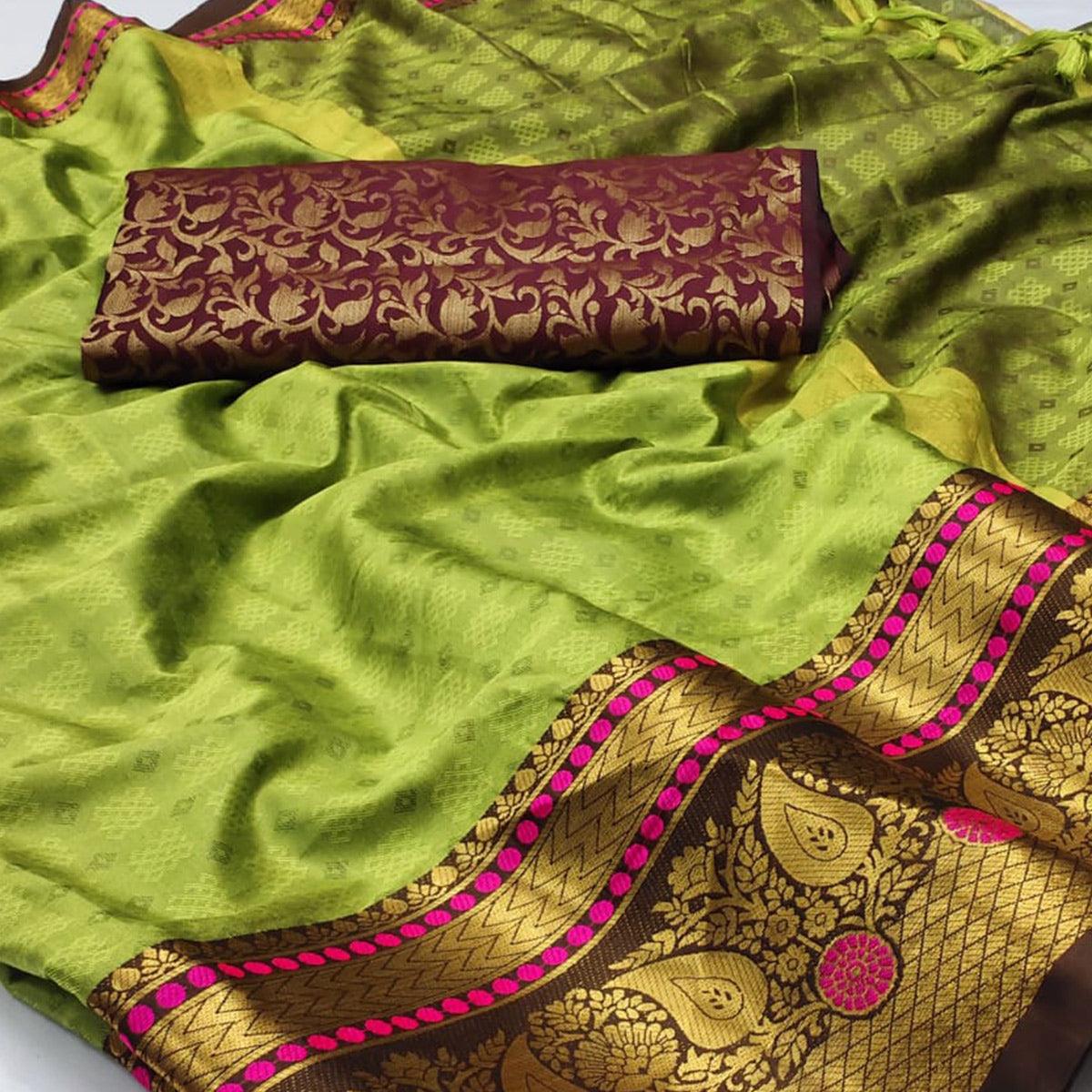 Green Woven Cotton Silk Saree With Tassels - Peachmode