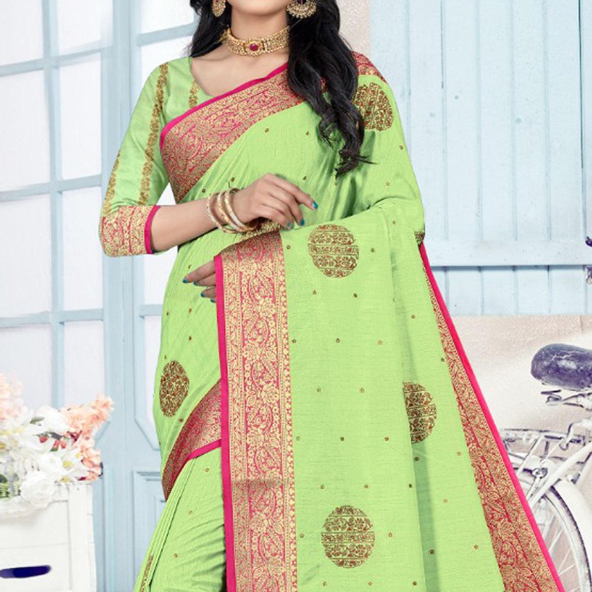 Green Woven Cotton Silk Saree With Tassels - Peachmode