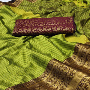 Green Woven Cotton Silk Saree With Tassels - Peachmode