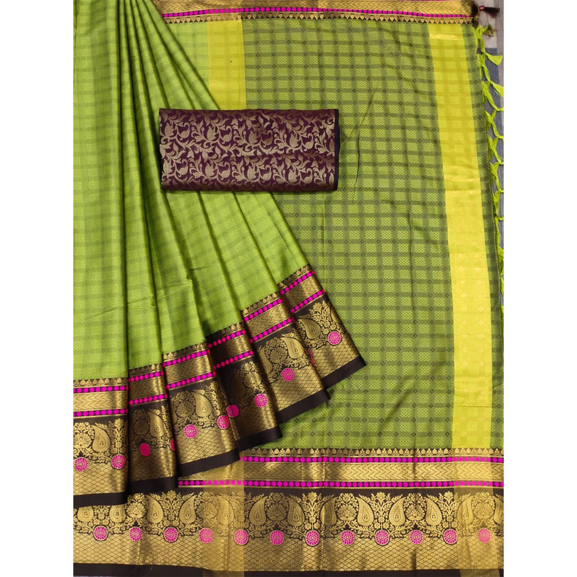 Green Woven Cotton Silk Saree With Tassels - Peachmode