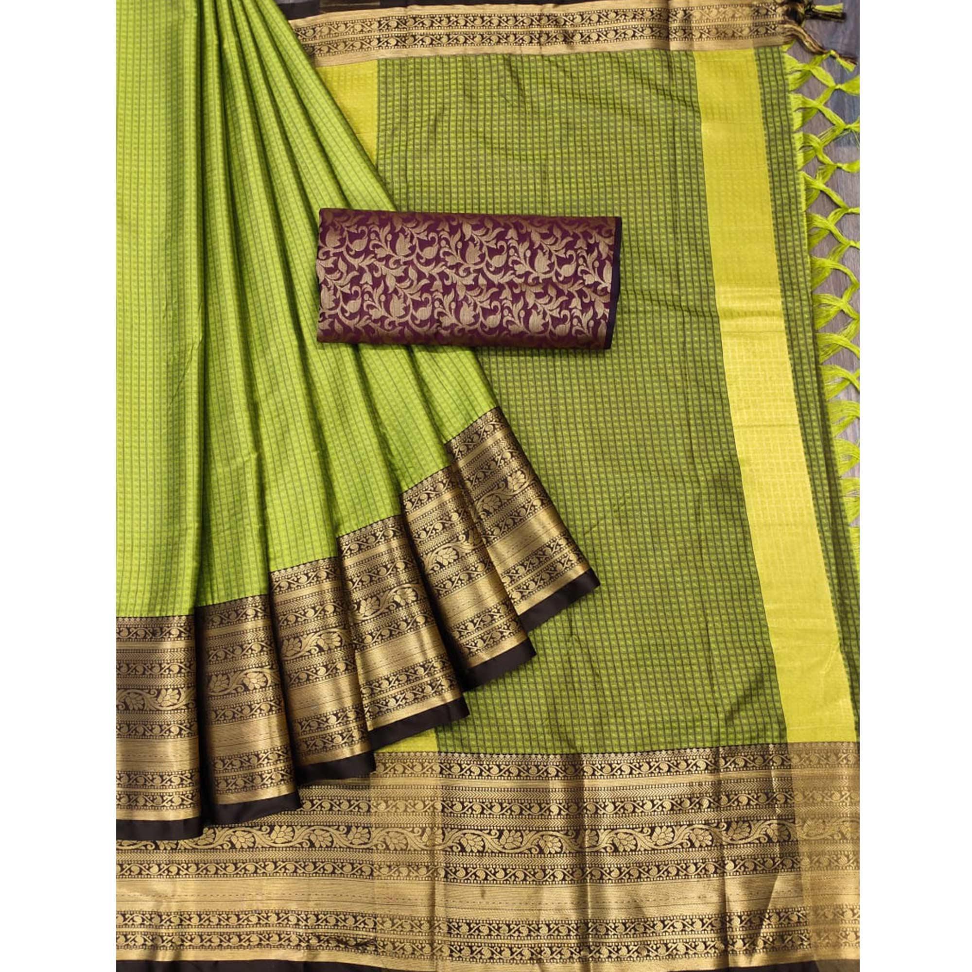 Green Woven Cotton Silk Saree With Tassels - Peachmode
