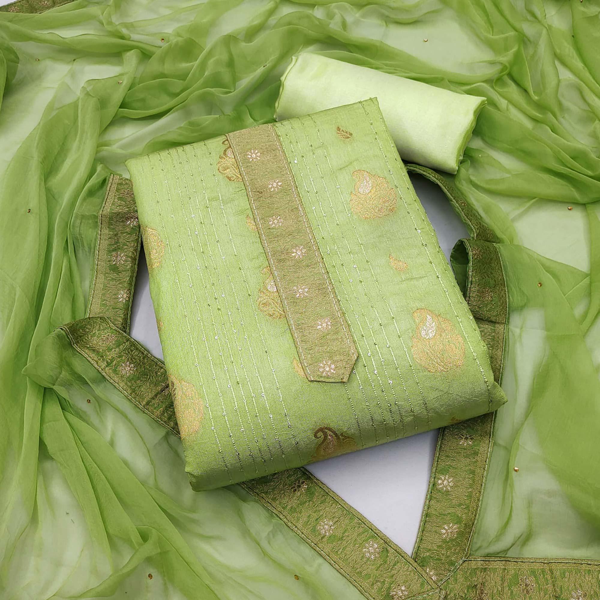 Green Woven Dola Silk Dress Material - Peachmode