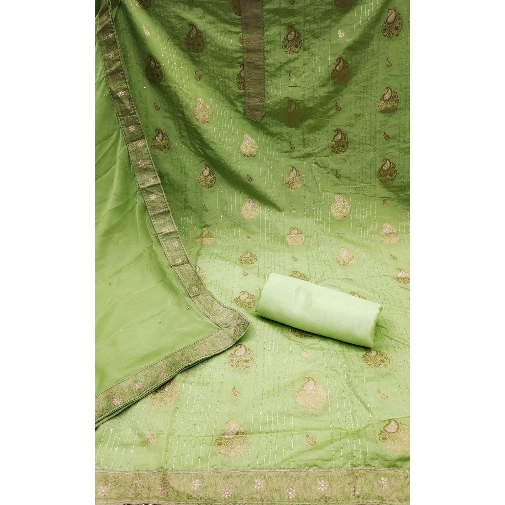 Green Woven Dola Silk Dress Material - Peachmode