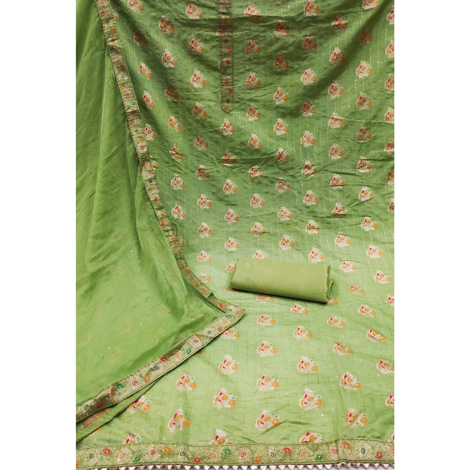 Green Woven Dola Silk Dress Material - Peachmode