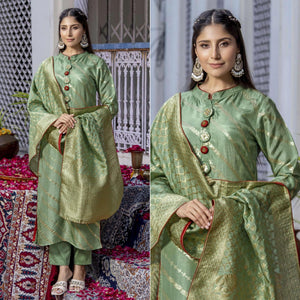 Green Woven Dola Silk Kurti Pant Set With Dupatta - Peachmode