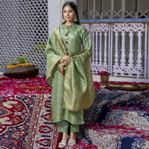 Green Woven Dola Silk Kurti Pant Set With Dupatta - Peachmode