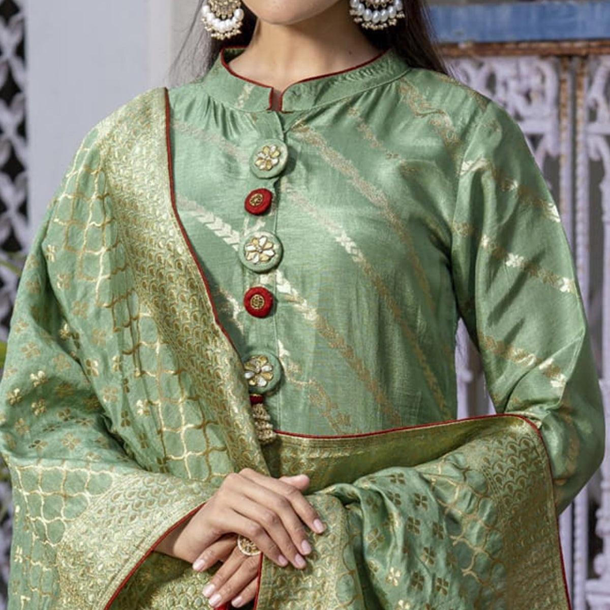 Green Woven Dola Silk Kurti Pant Set With Dupatta - Peachmode