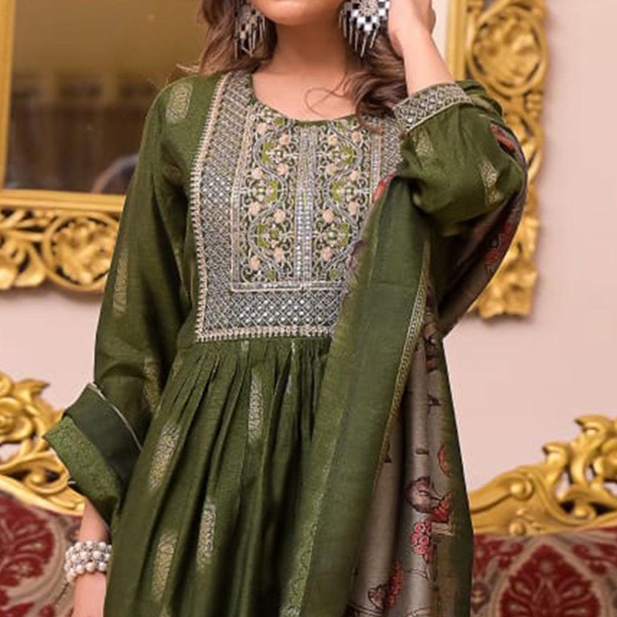 Green Woven-Embroidered Chanderi Salwar Suit - Peachmode