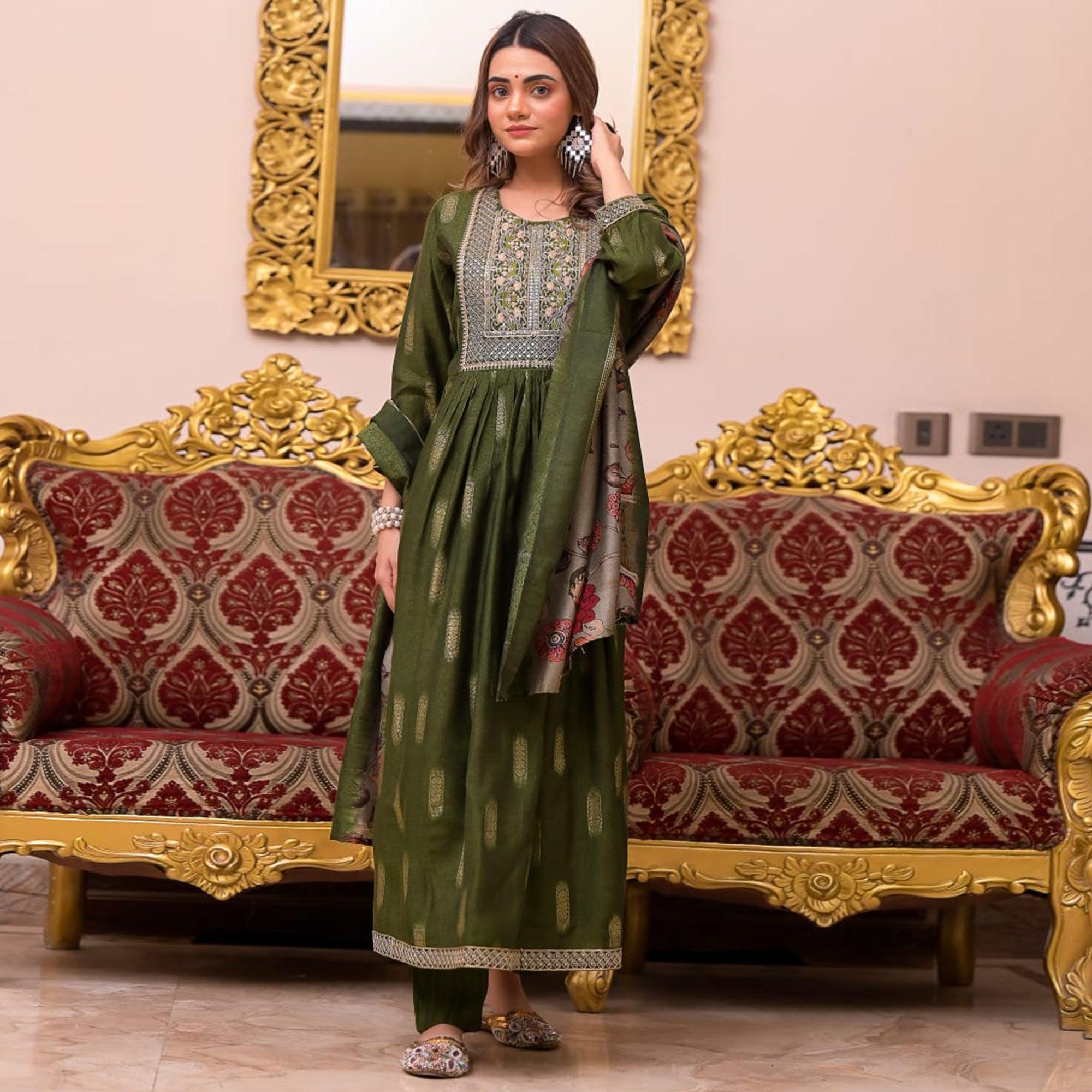 Green Woven-Embroidered Chanderi Salwar Suit - Peachmode