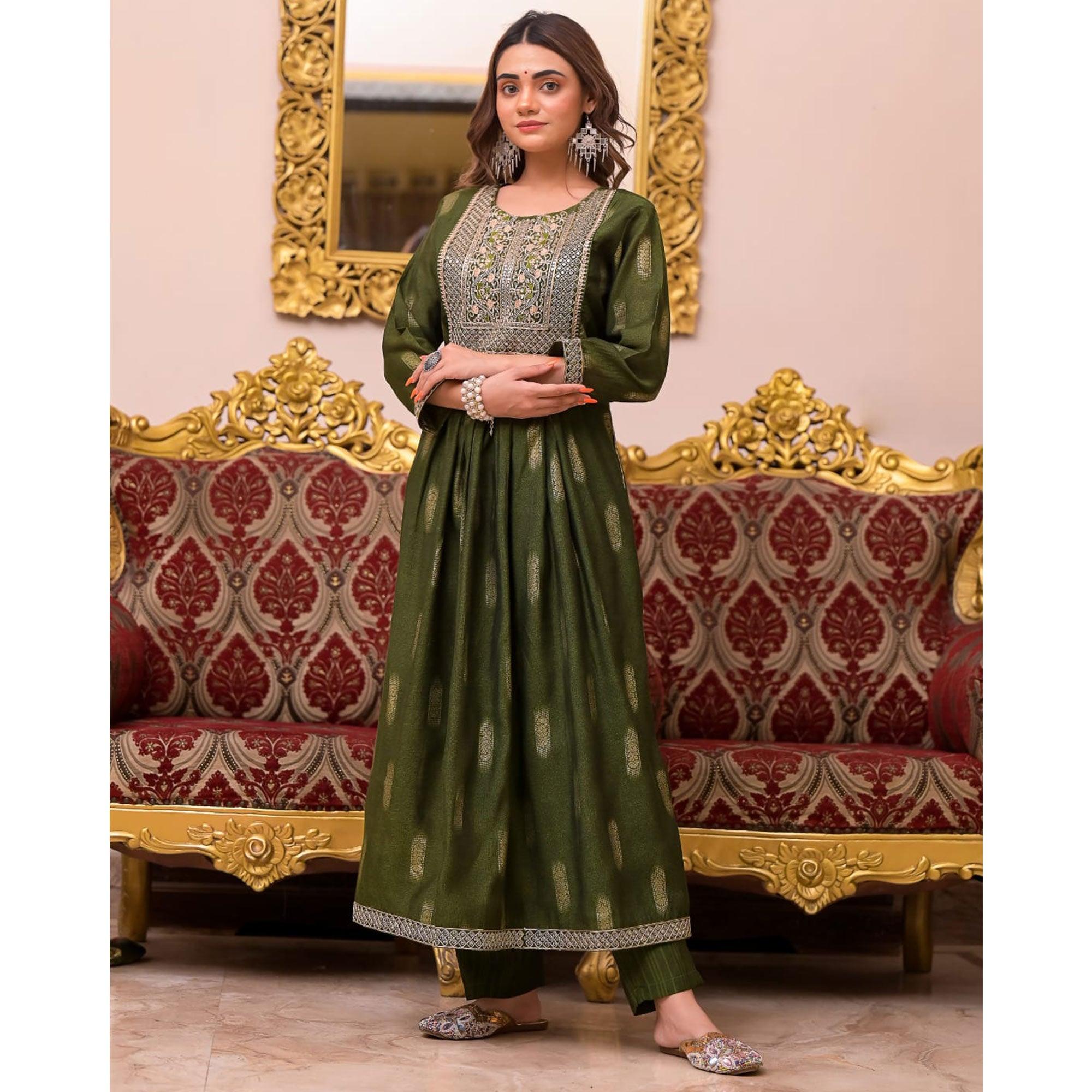 Green Woven-Embroidered Chanderi Salwar Suit - Peachmode