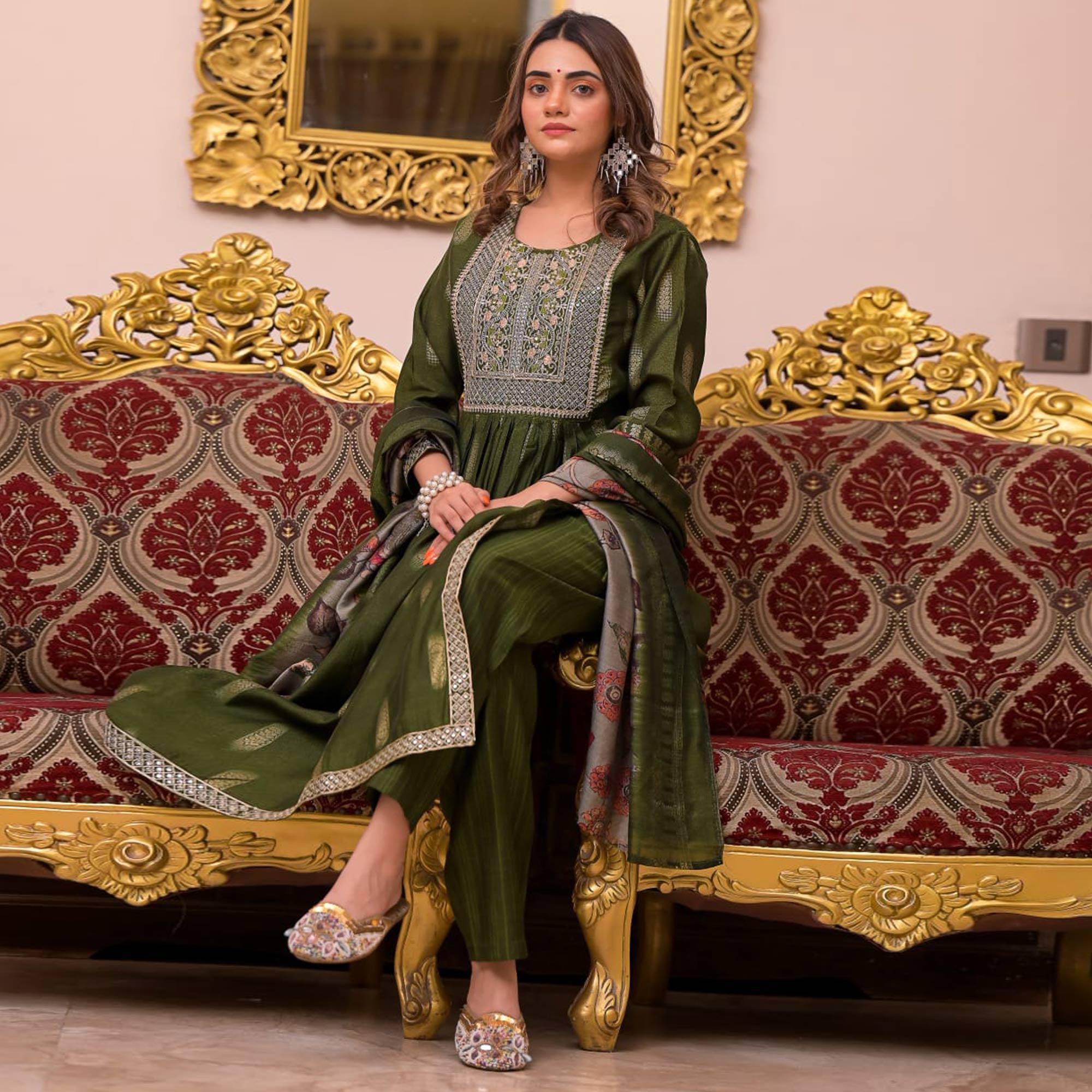 Green Woven-Embroidered Chanderi Salwar Suit - Peachmode