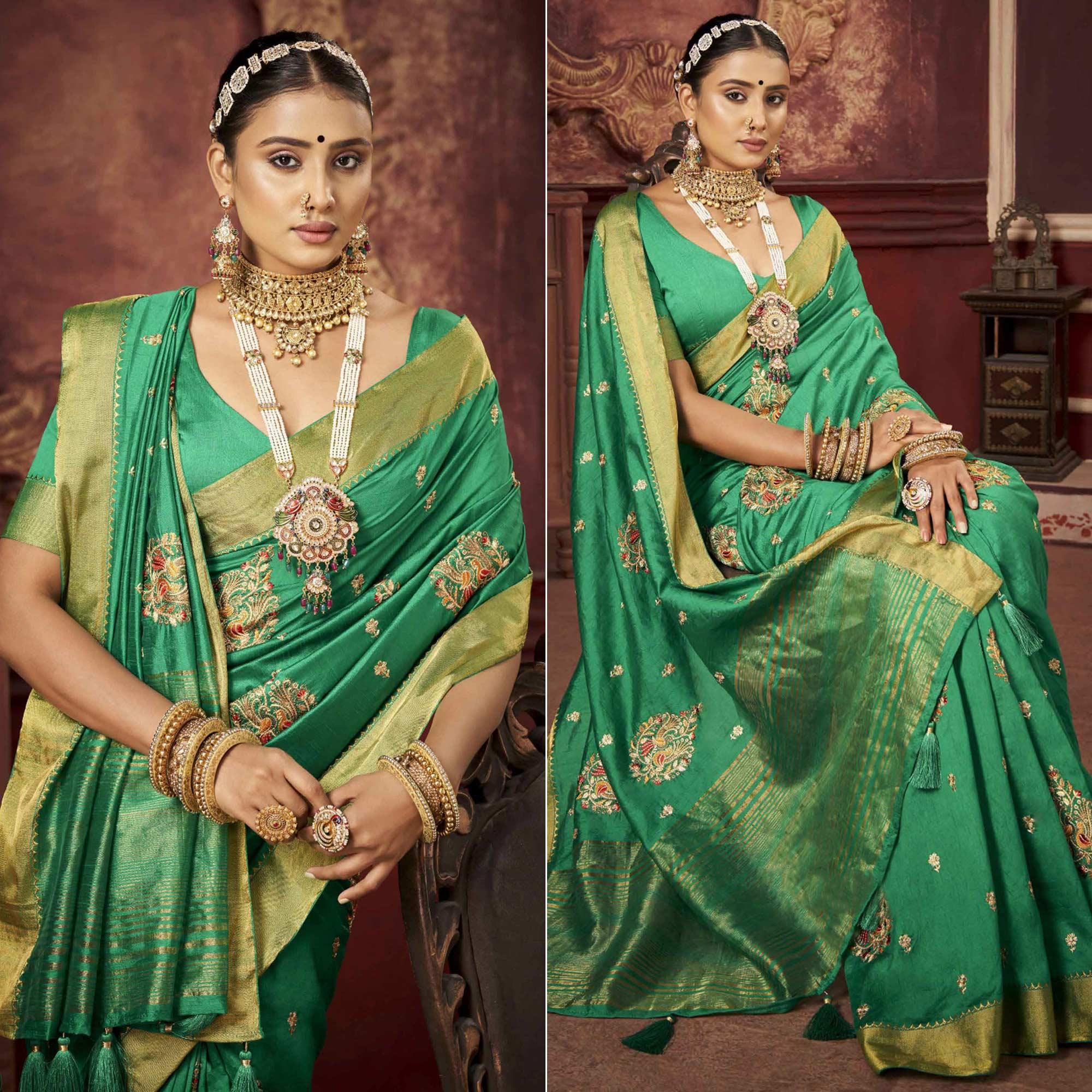 Green Woven-Embroidered Raw Silk Saree With Tassels - Peachmode
