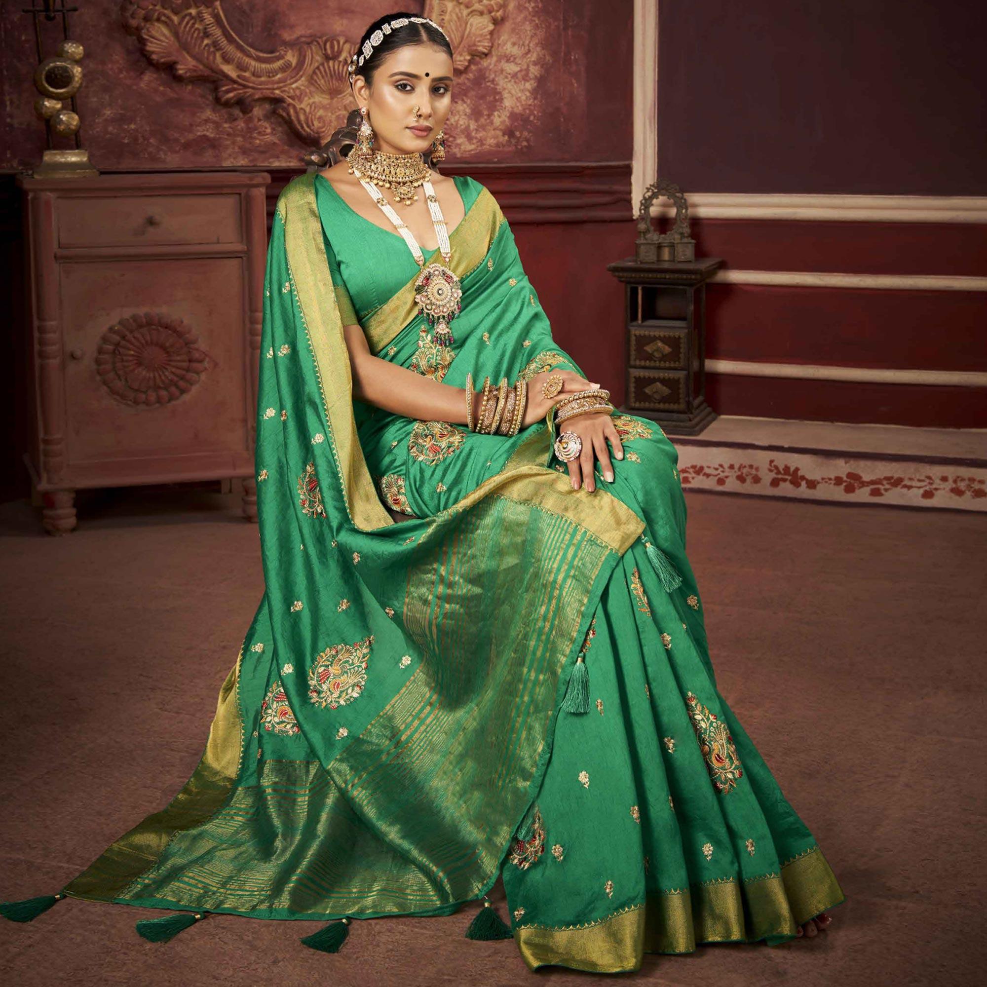 Green Woven-Embroidered Raw Silk Saree With Tassels - Peachmode