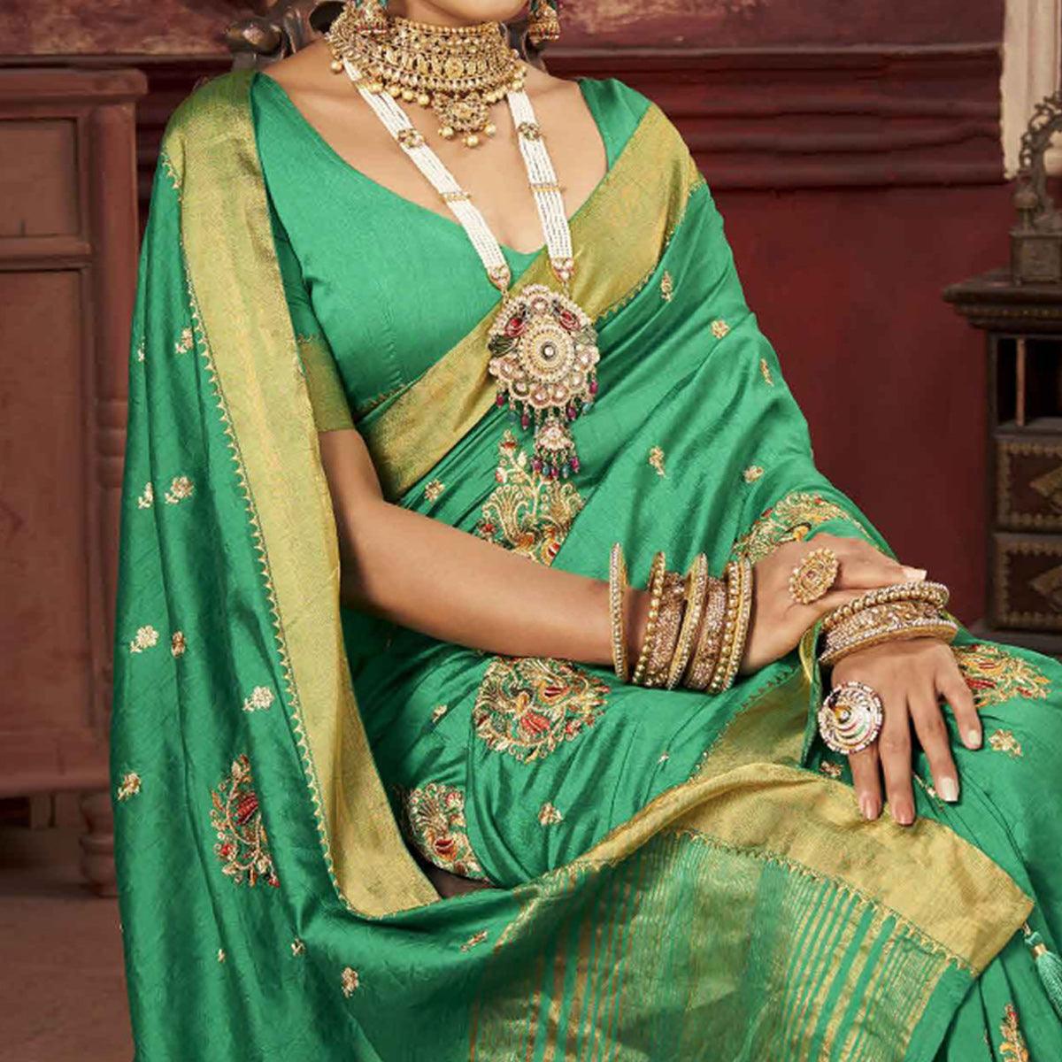 Green Woven-Embroidered Raw Silk Saree With Tassels - Peachmode