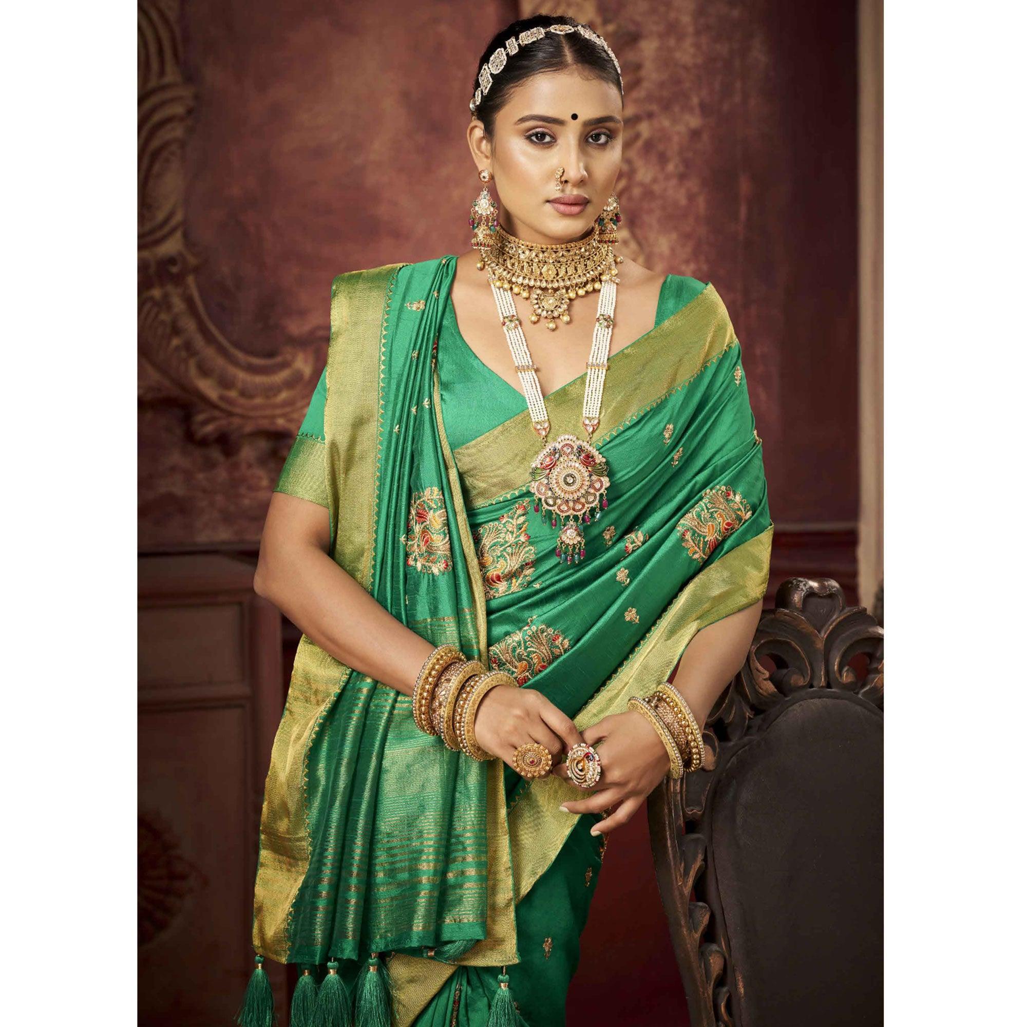 Green Woven-Embroidered Raw Silk Saree With Tassels - Peachmode