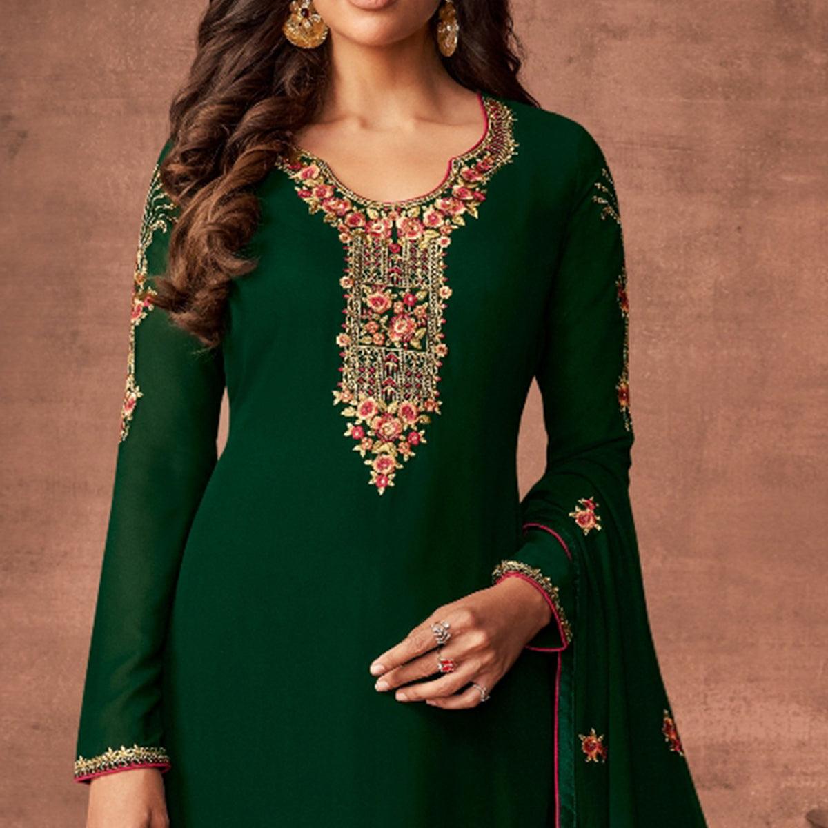 Green Woven Georgette Straight Partywear Suit - Peachmode