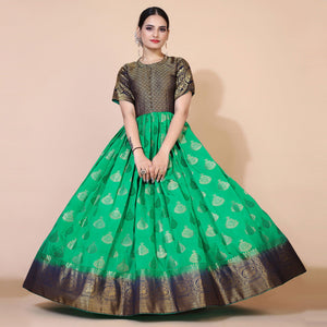 Green Woven Jacquard Anarkali Style Gown - Peachmode