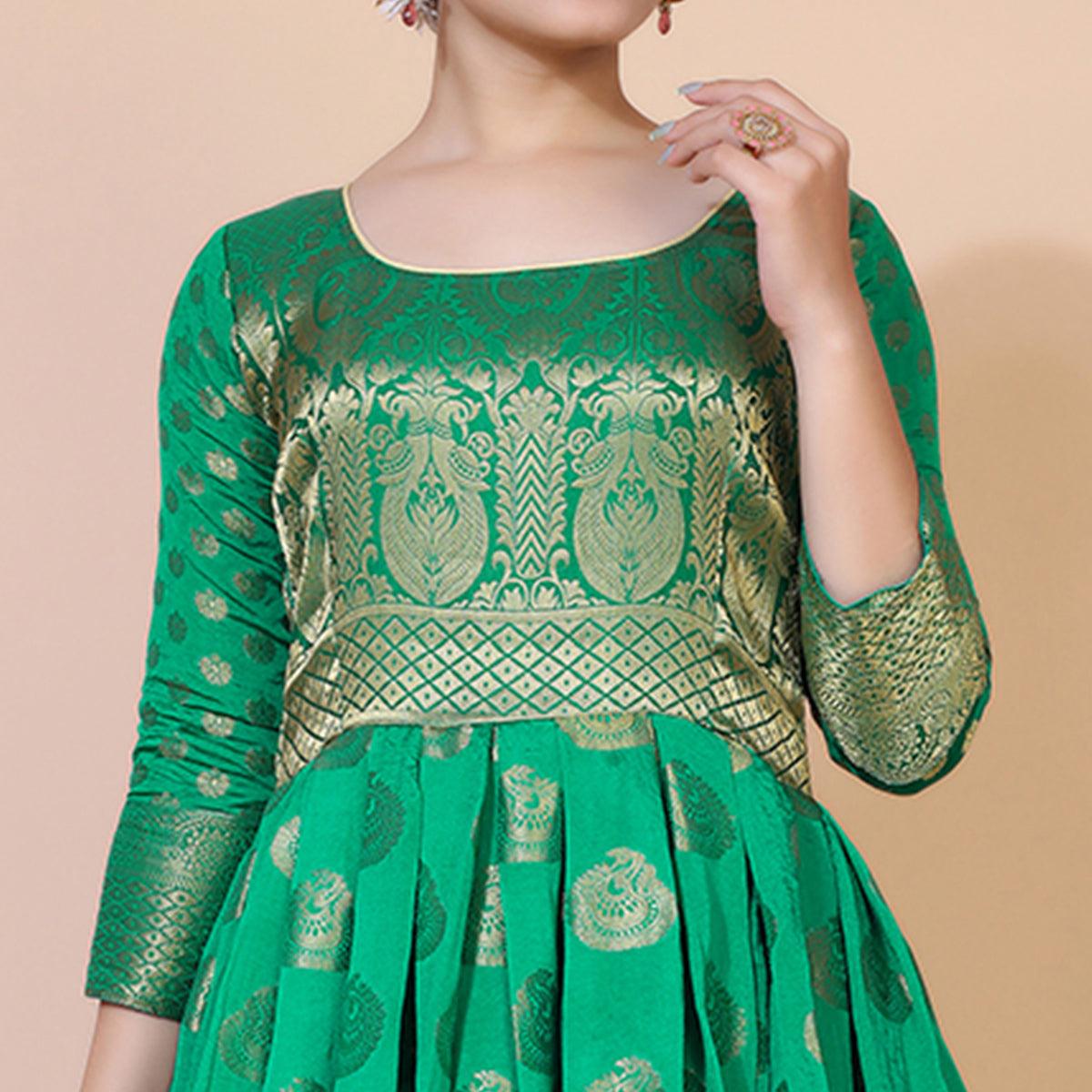 Green Woven Jacquard Anarkali Style Gown - Peachmode