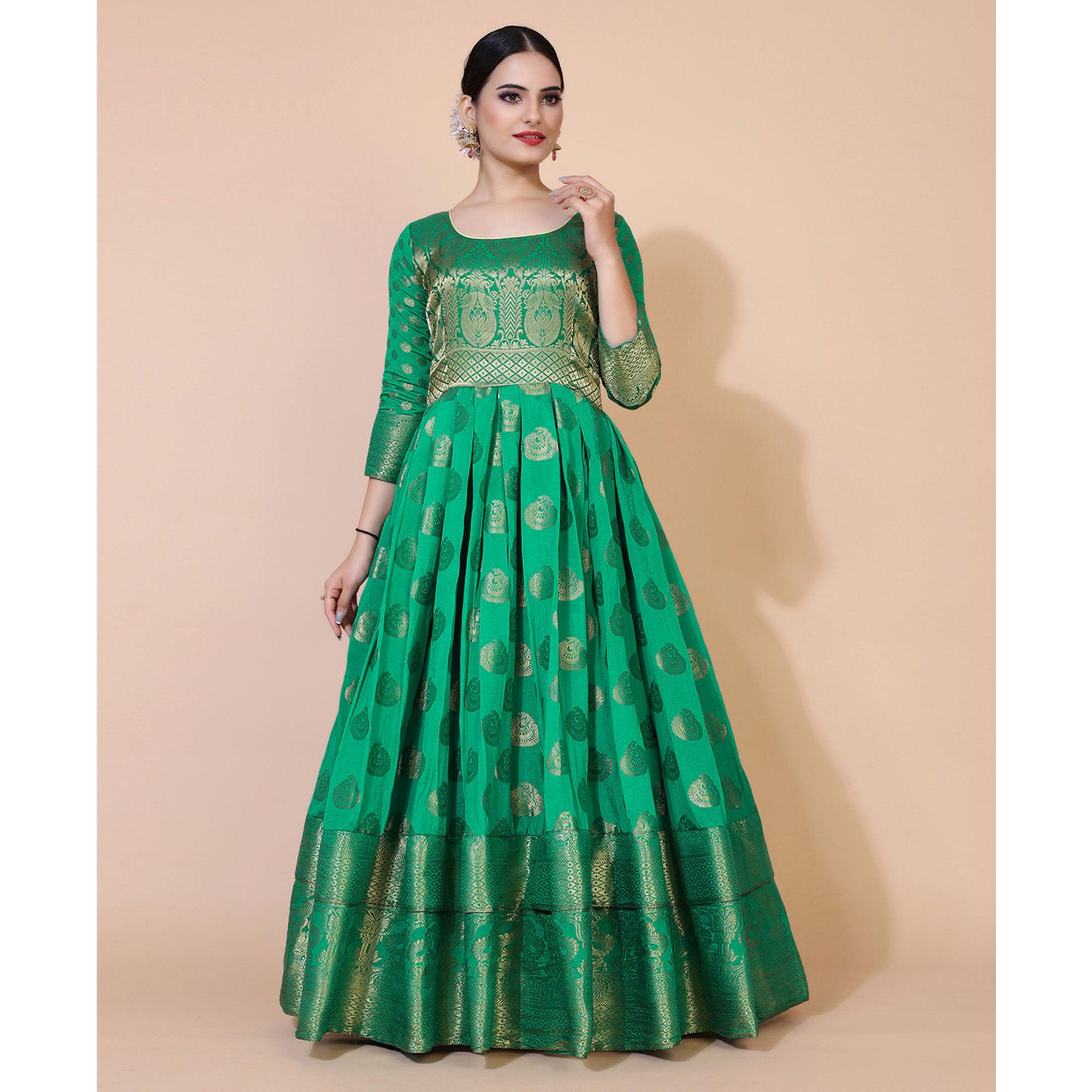 Green Woven Jacquard Anarkali Style Gown - Peachmode
