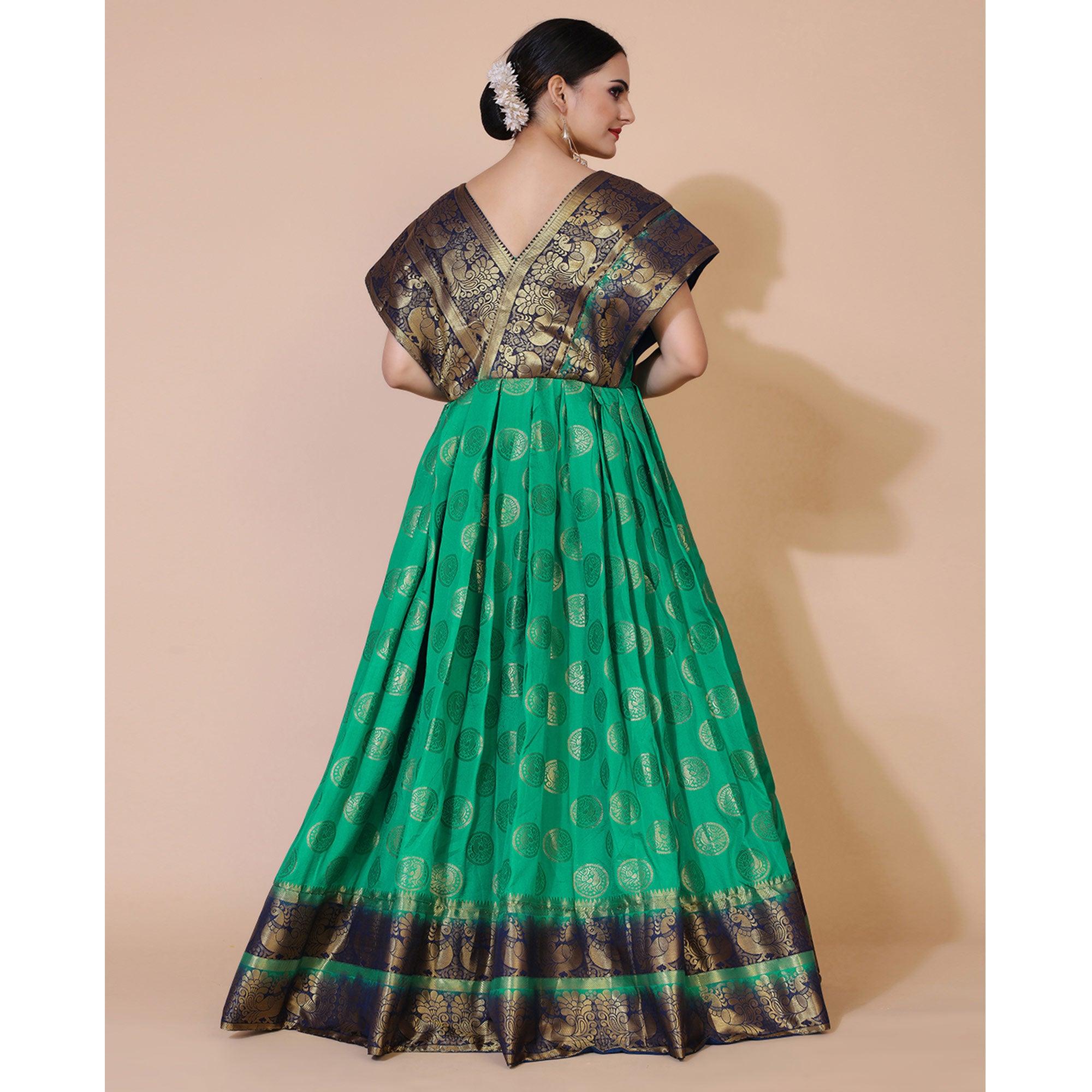 Green Woven Jacquard Anarkali Style Gown - Peachmode