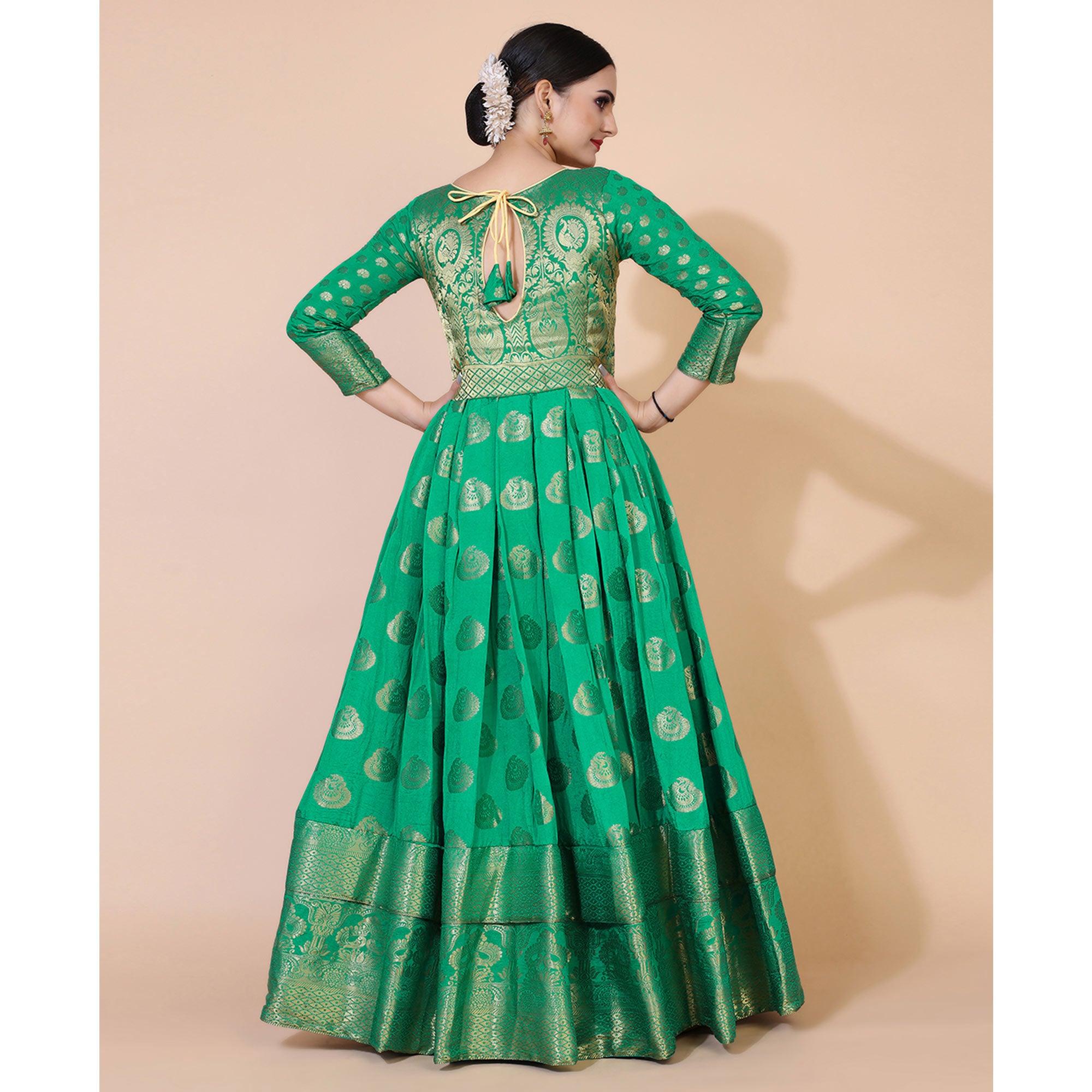 Green Woven Jacquard Anarkali Style Gown - Peachmode