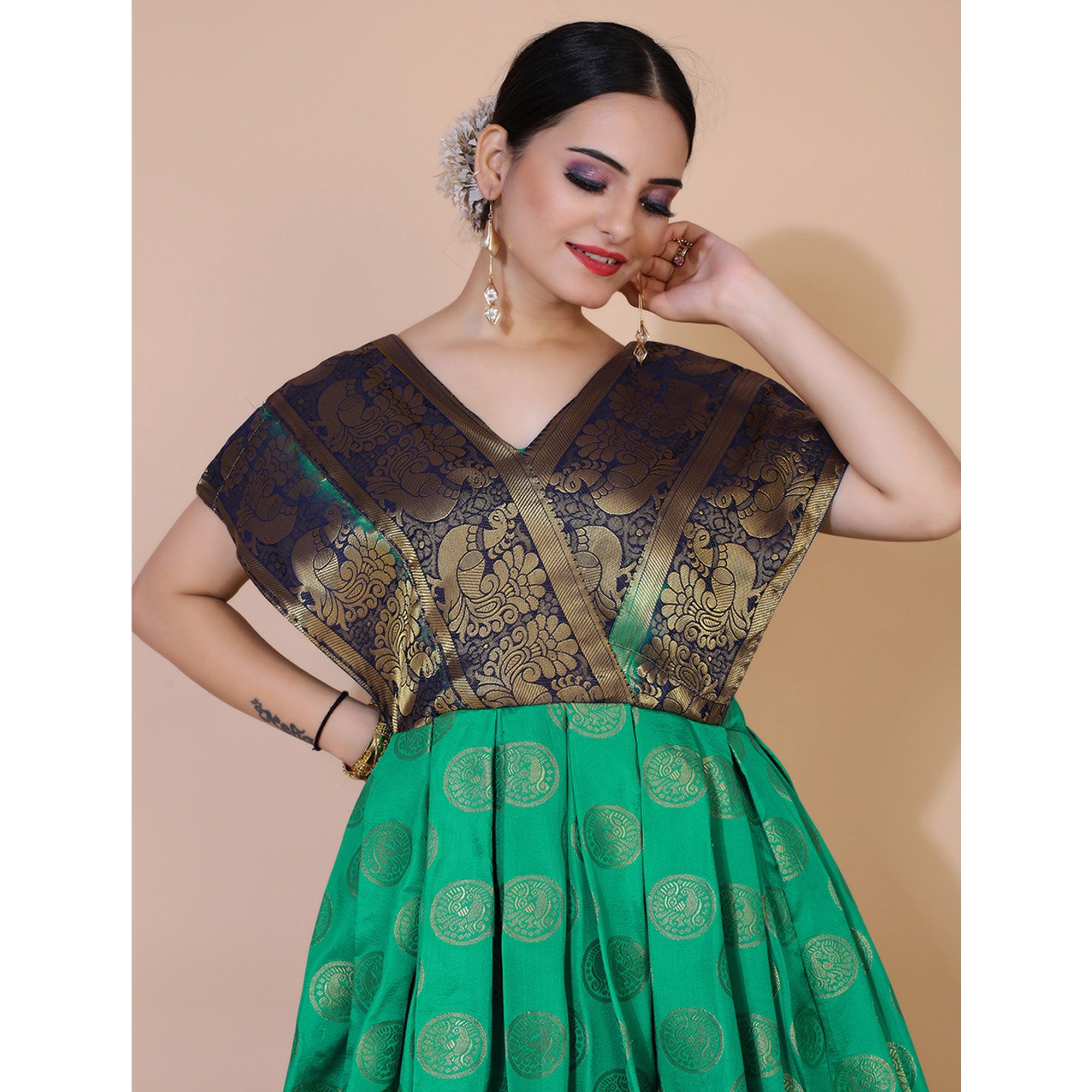Green Woven Jacquard Anarkali Style Gown - Peachmode