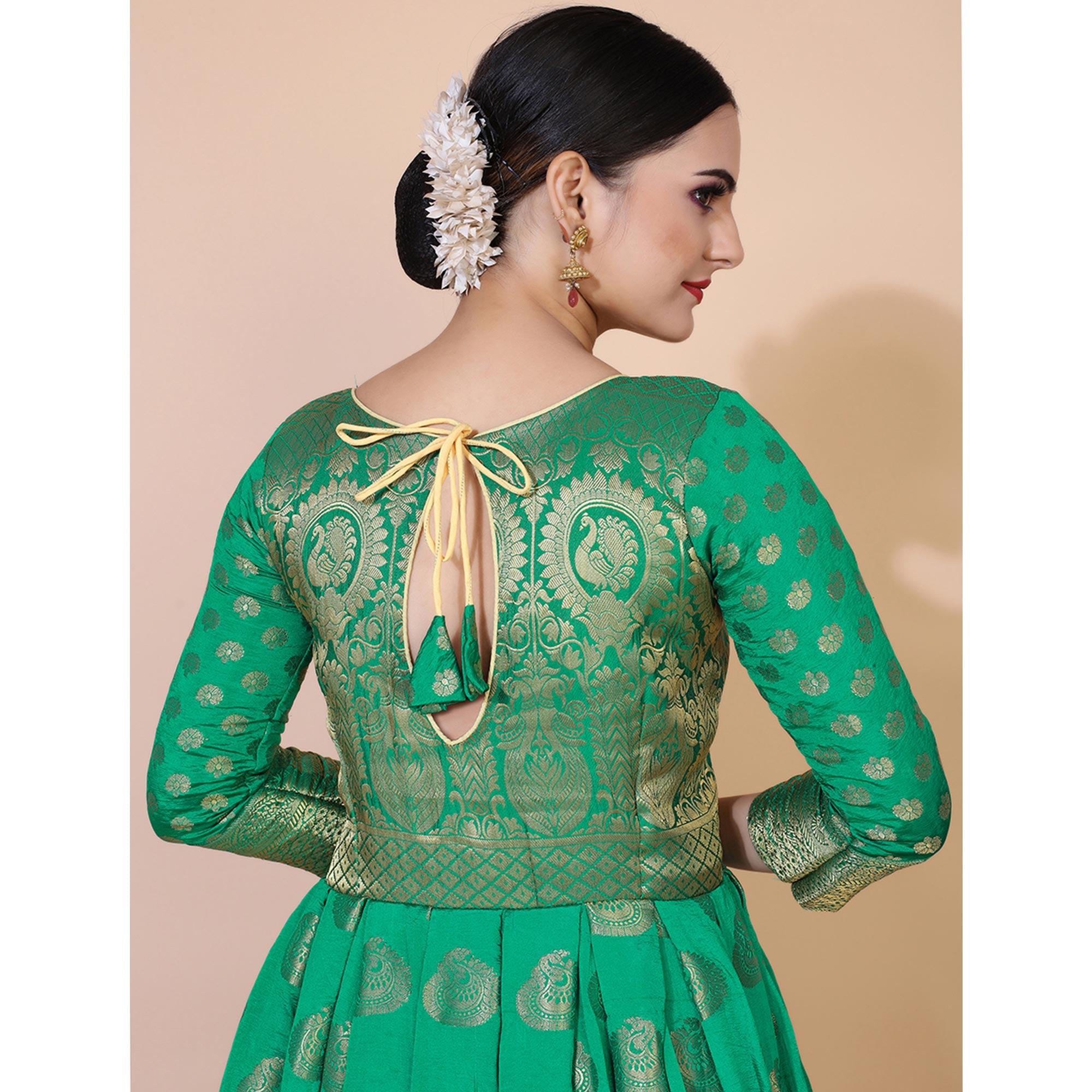 Green Woven Jacquard Anarkali Style Gown - Peachmode