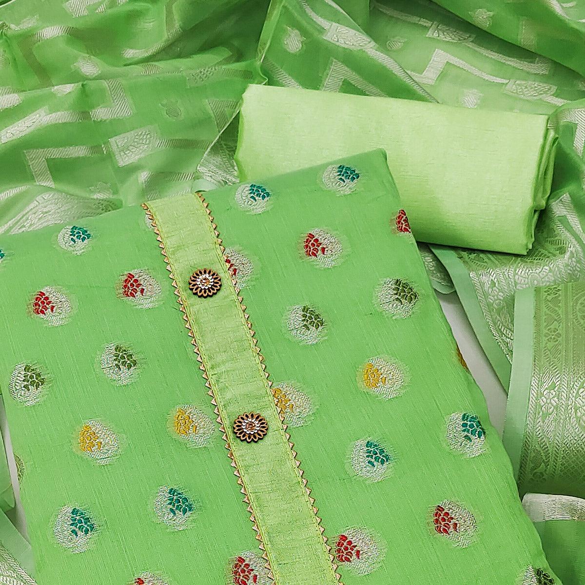 Green Woven Jacquard Dress Material - Peachmode