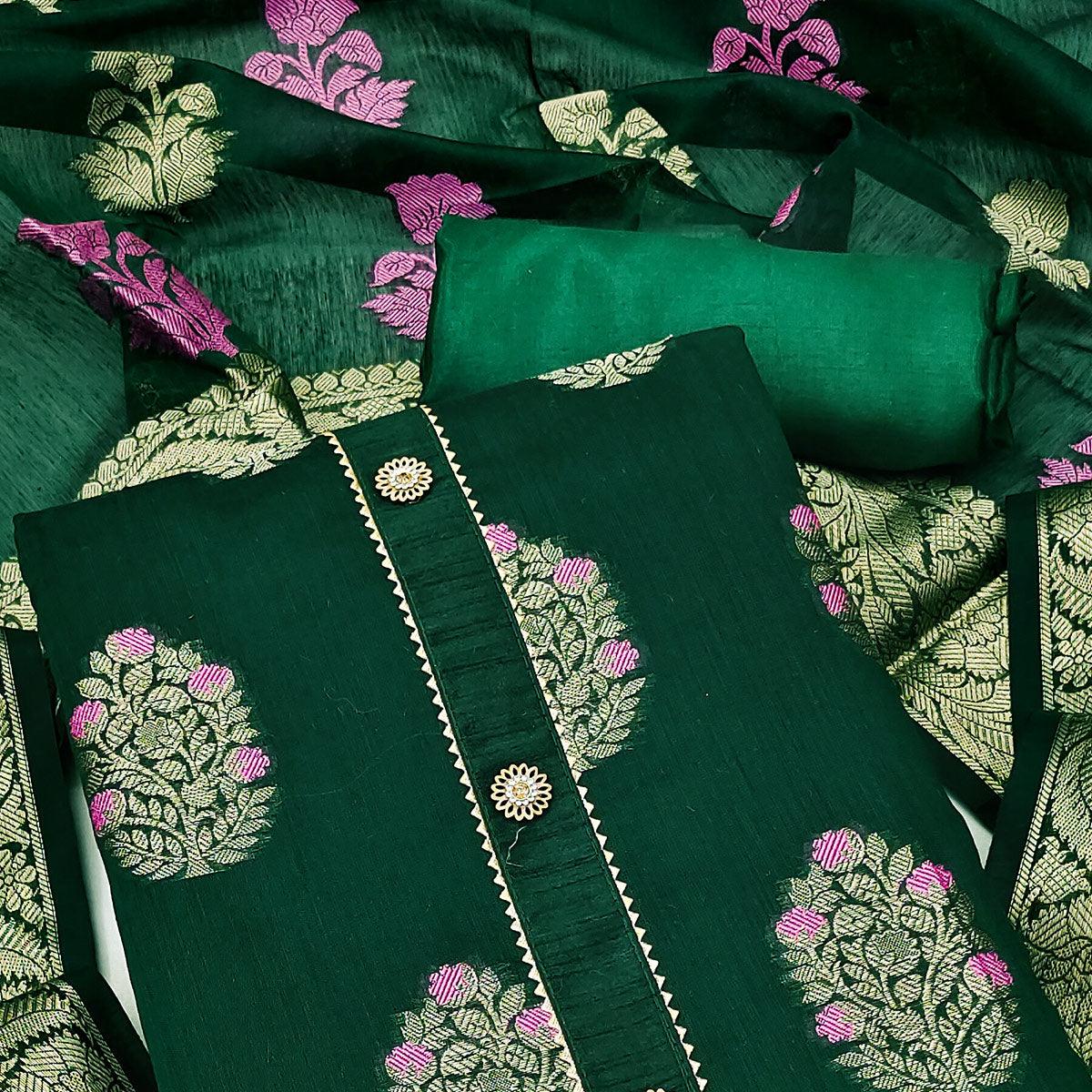 Green Woven Jacquard Dress Material - Peachmode