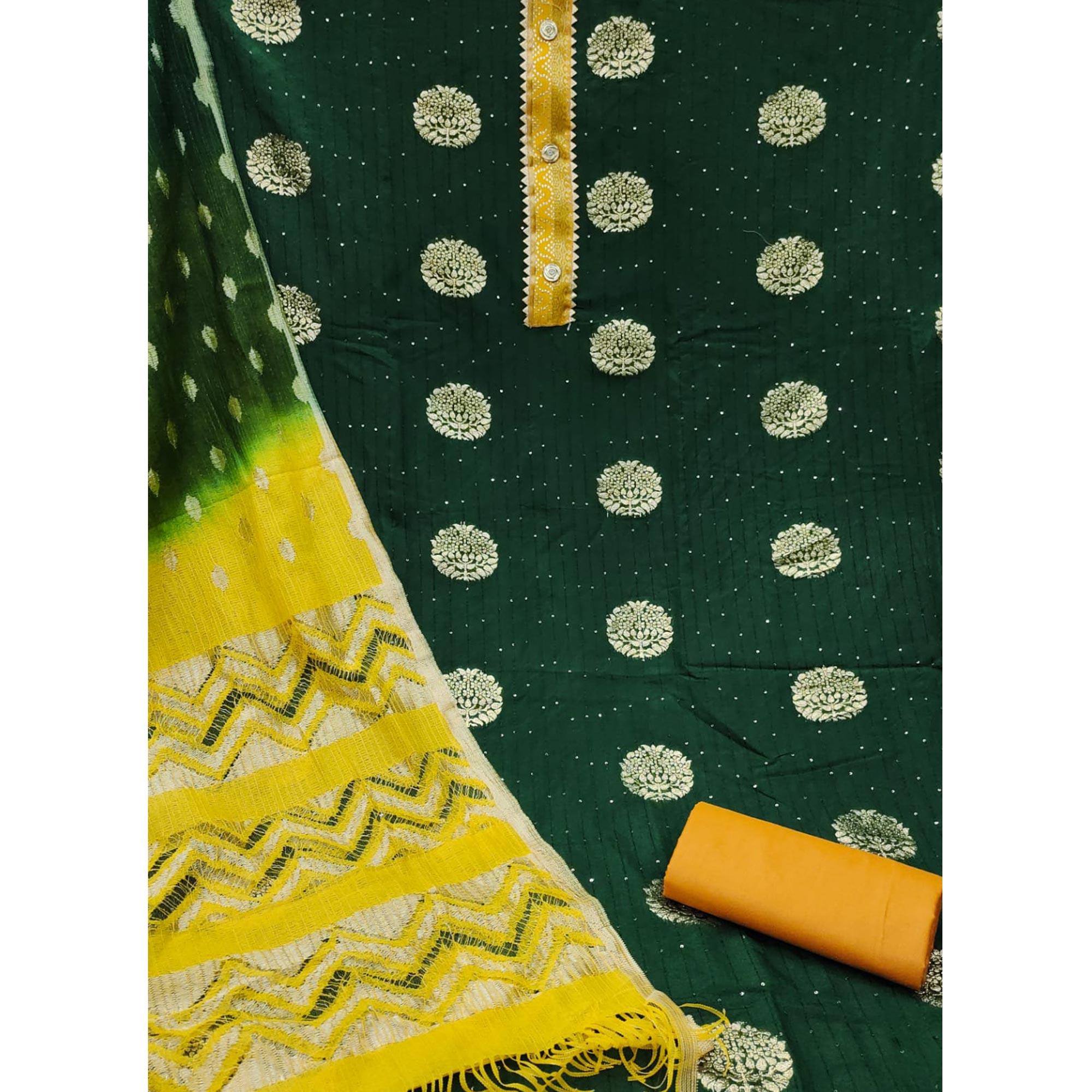 Green Woven Jacquard Dress Material - Peachmode