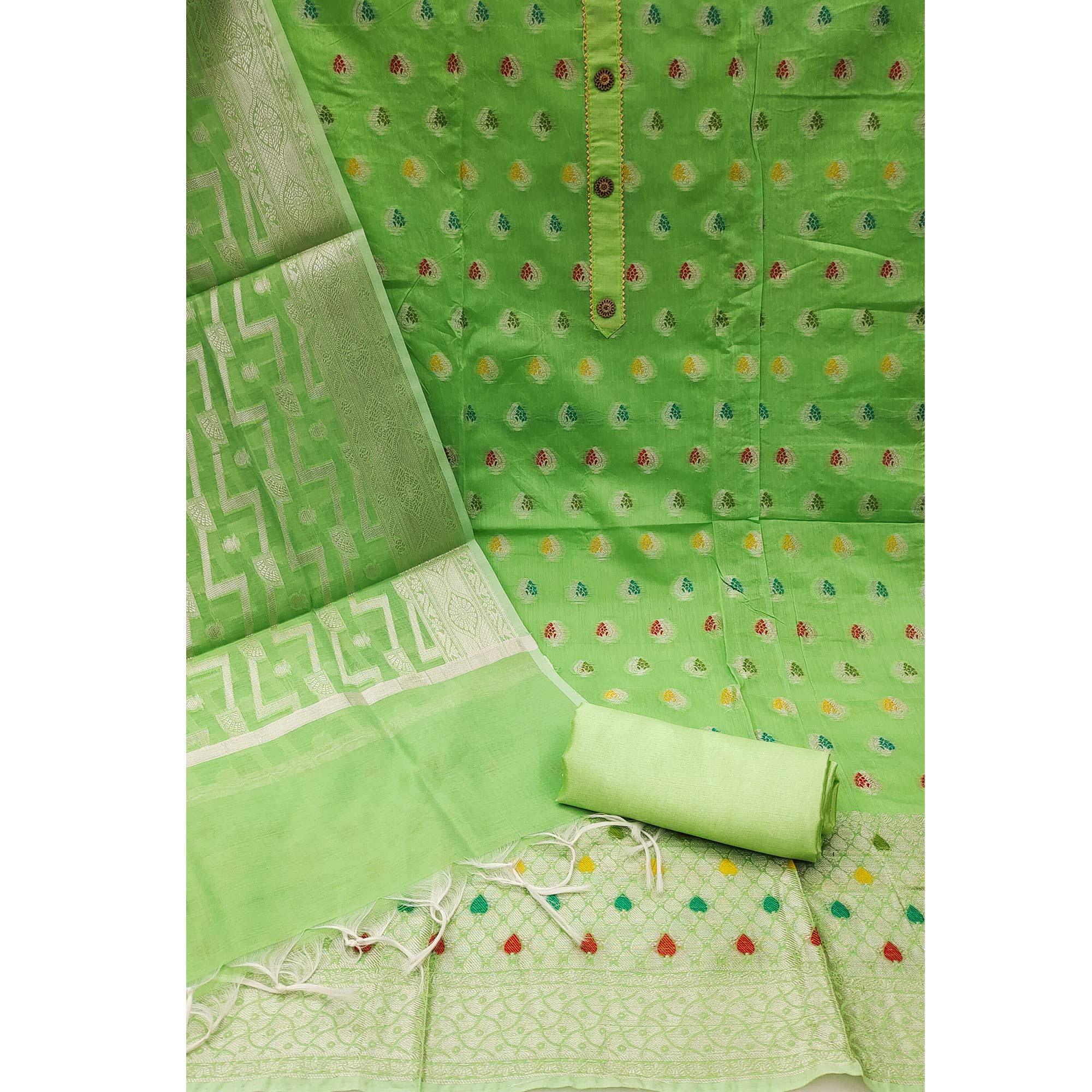 Green Woven Jacquard Dress Material - Peachmode