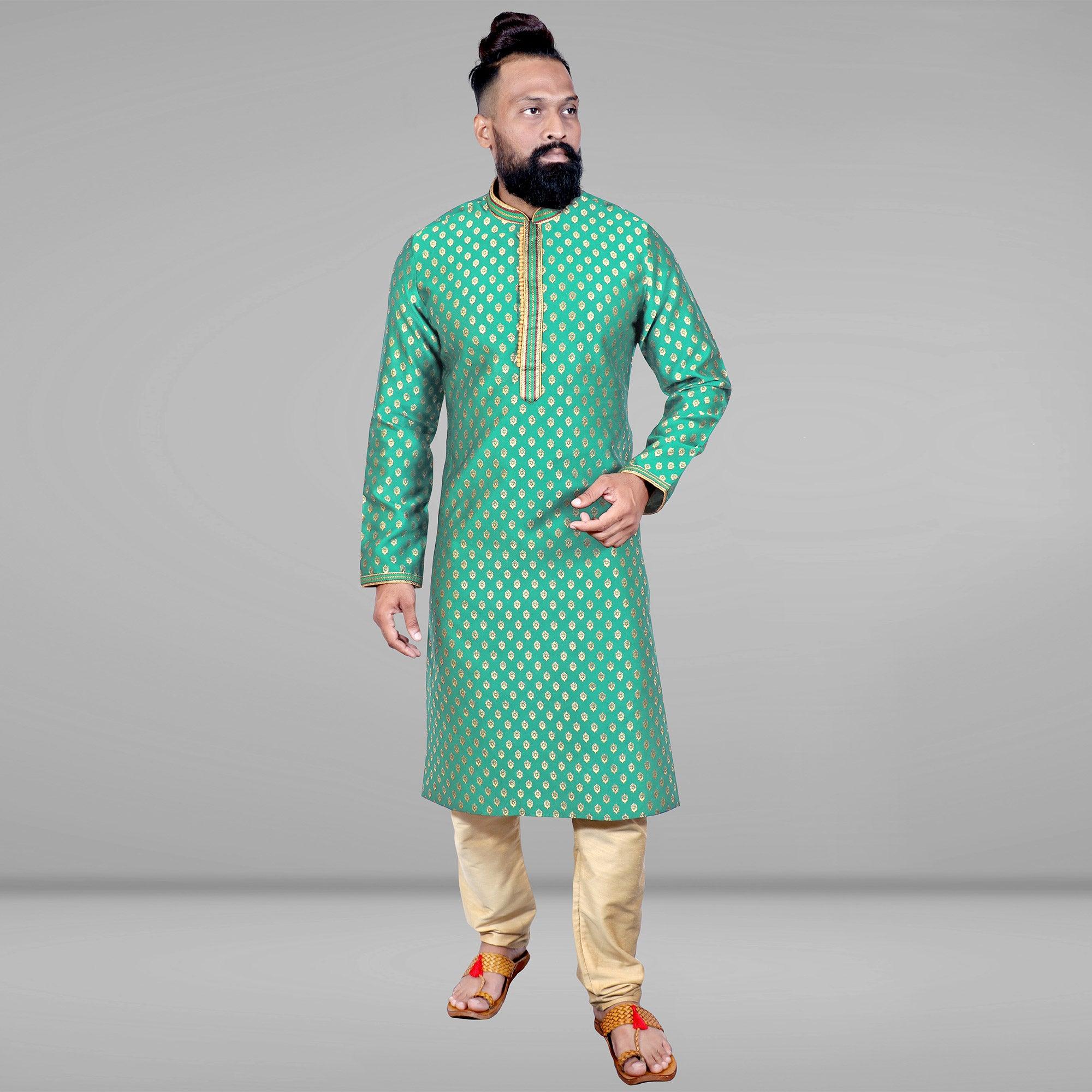 Green Woven Jacquard Kurta Pyjama Set - Peachmode