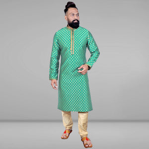 Green Woven Jacquard Kurta Pyjama Set - Peachmode
