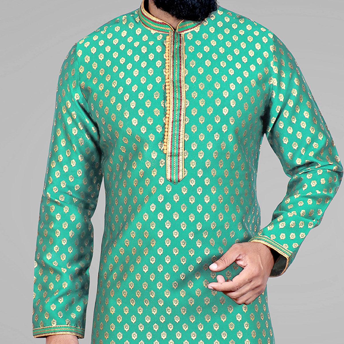 Green Woven Jacquard Kurta Pyjama Set - Peachmode