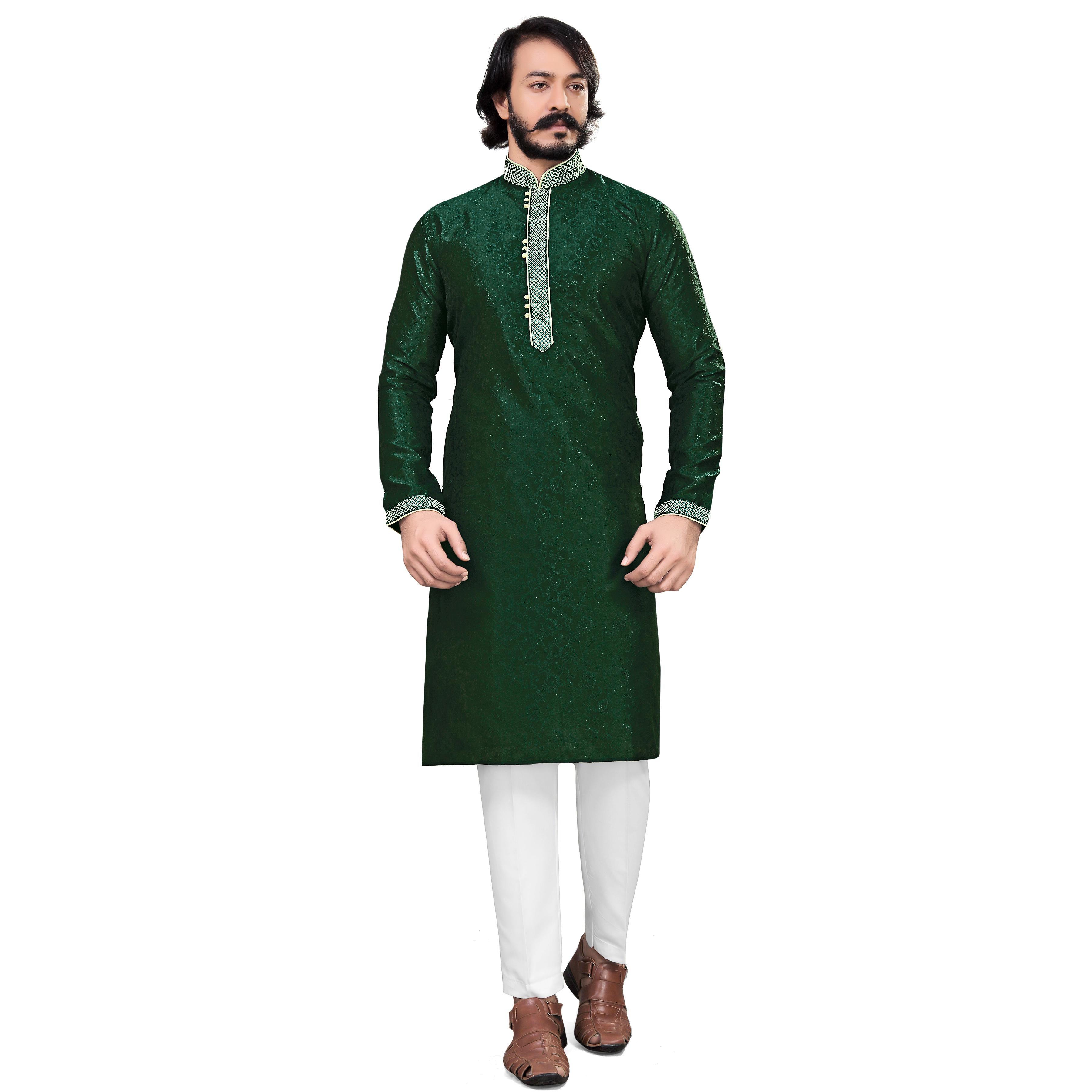 Green Woven Jacquard Men's Kurta Pyjama Set - Peachmode