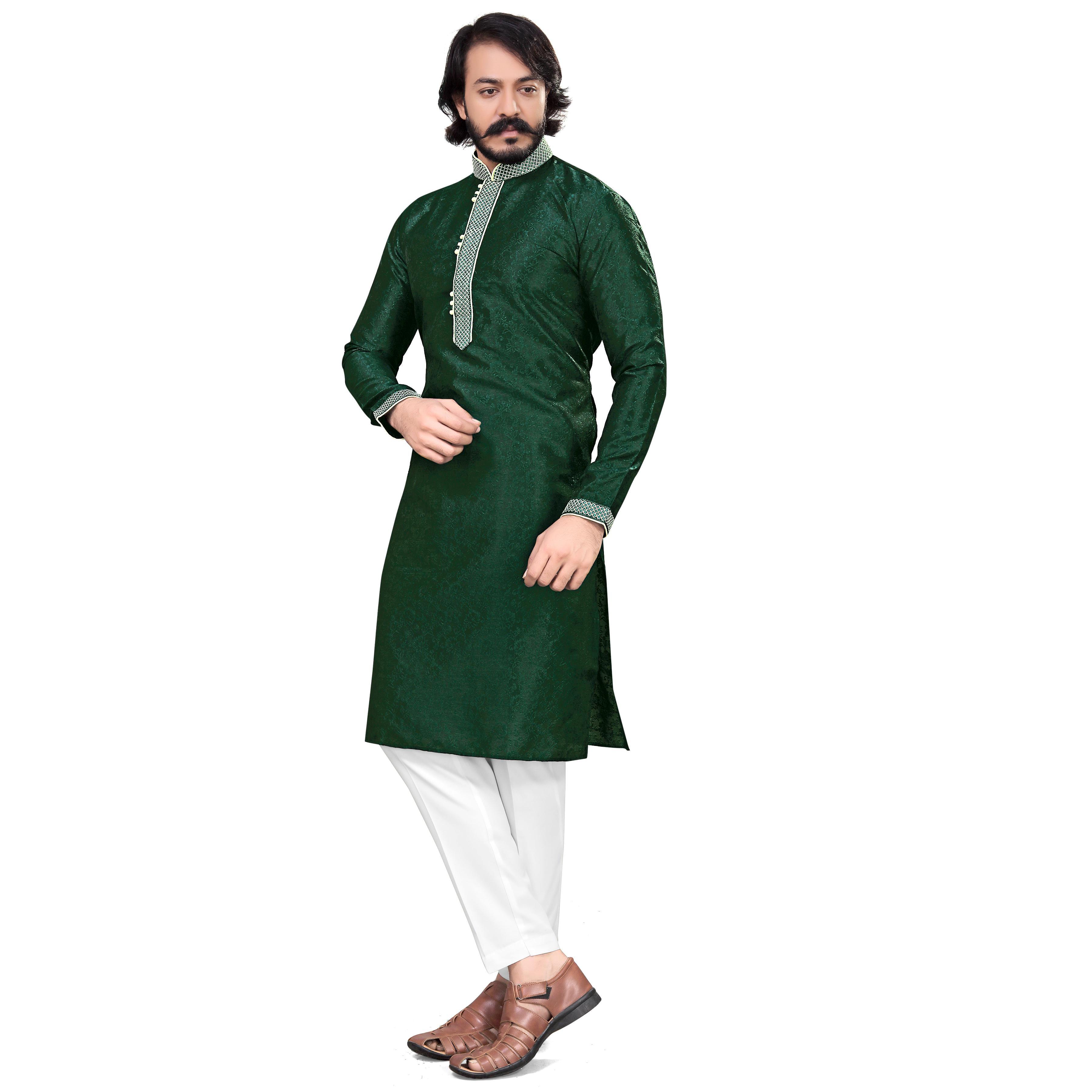 Green Woven Jacquard Men's Kurta Pyjama Set - Peachmode