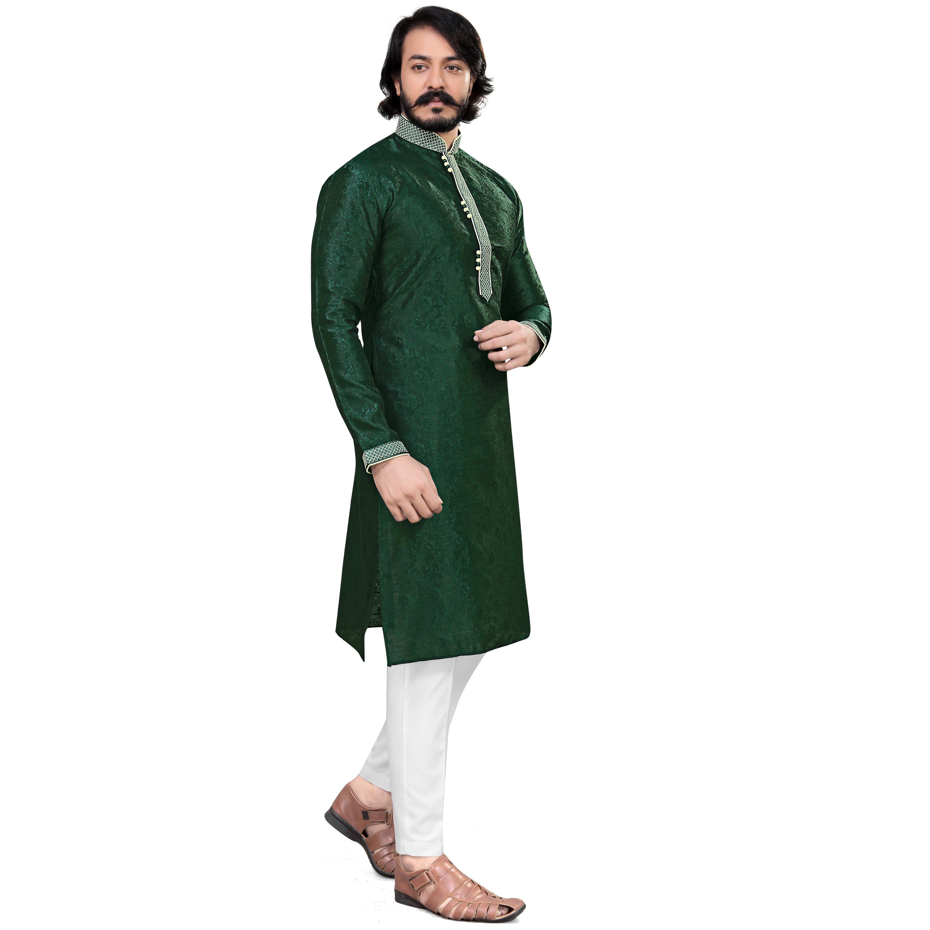 Green Woven Jacquard Men's Kurta Pyjama Set - Peachmode