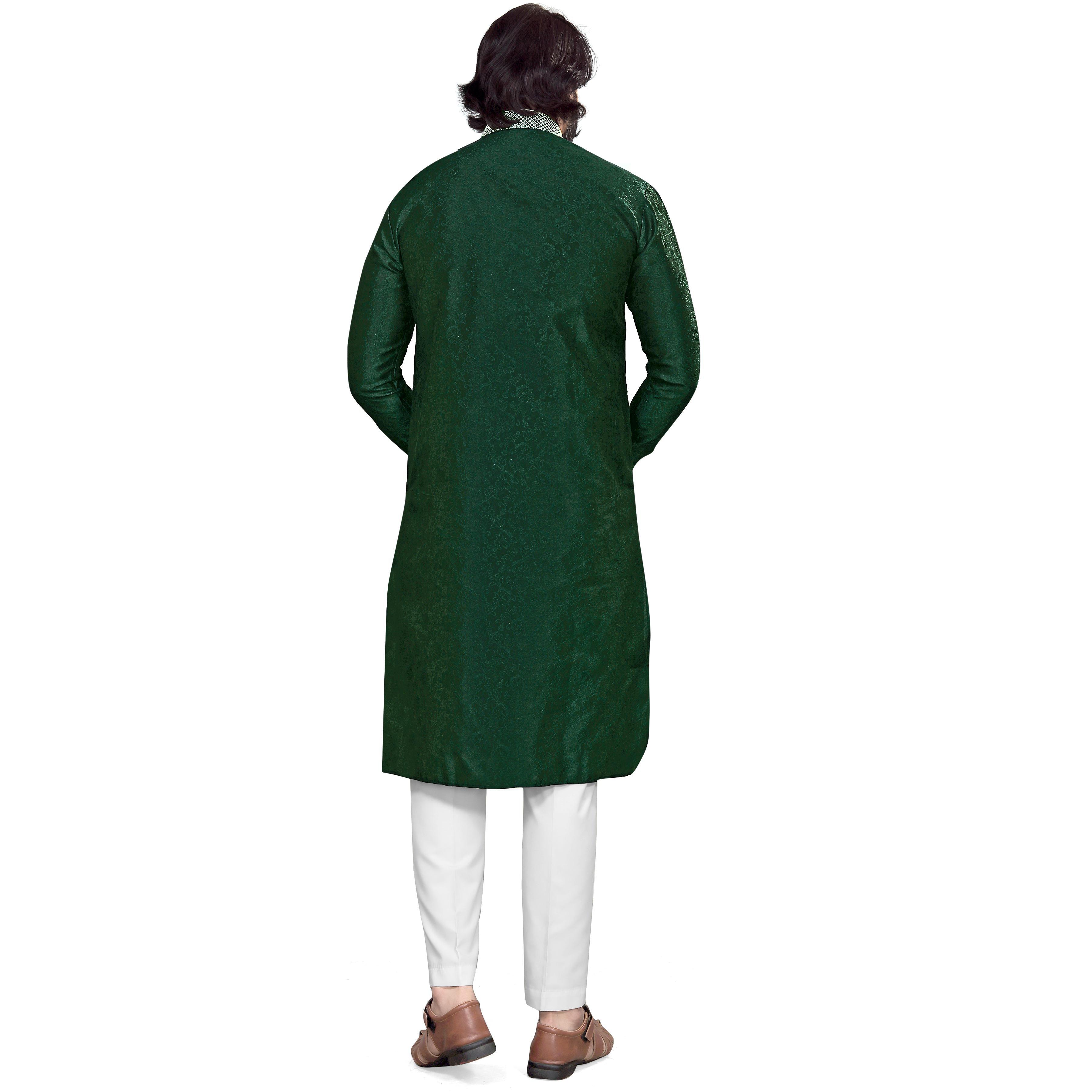 Green Woven Jacquard Men's Kurta Pyjama Set - Peachmode