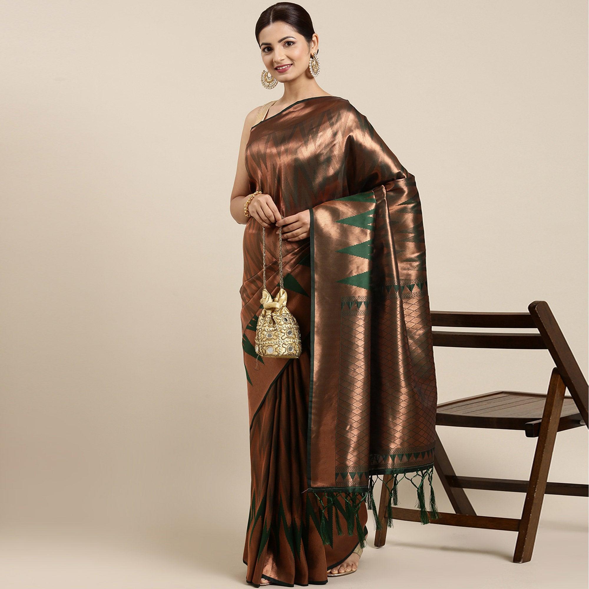 Green Woven Kanjivaram Silk Saree With Tassels - Peachmode