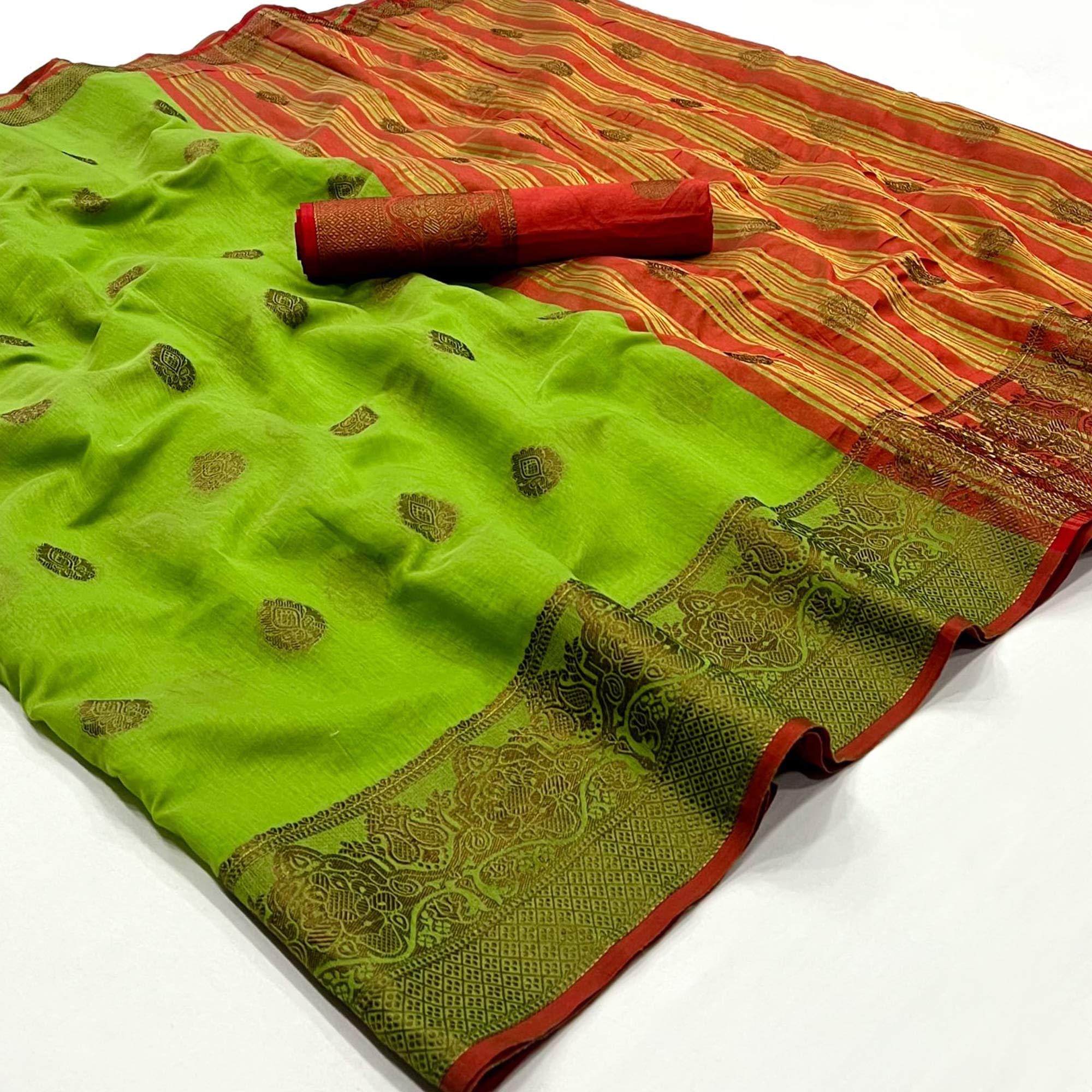 Green Woven Linen Saree - Peachmode