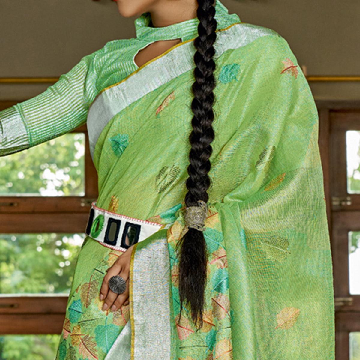 Green Woven Linen Saree With Tassels - Peachmode
