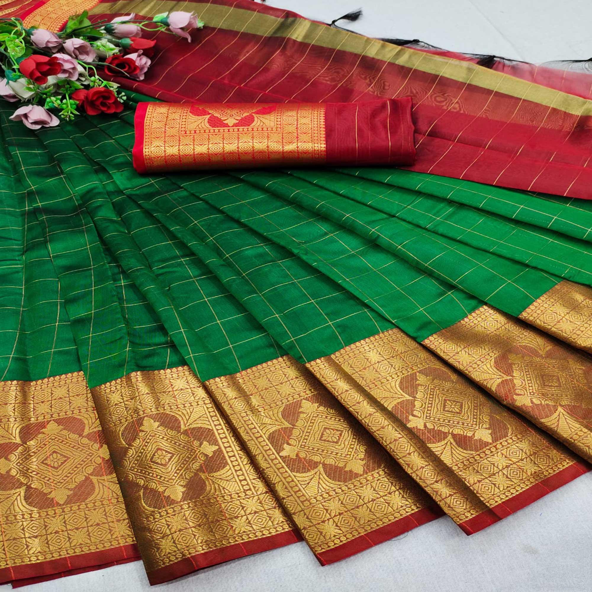 Green Woven Organza Saree - Peachmode