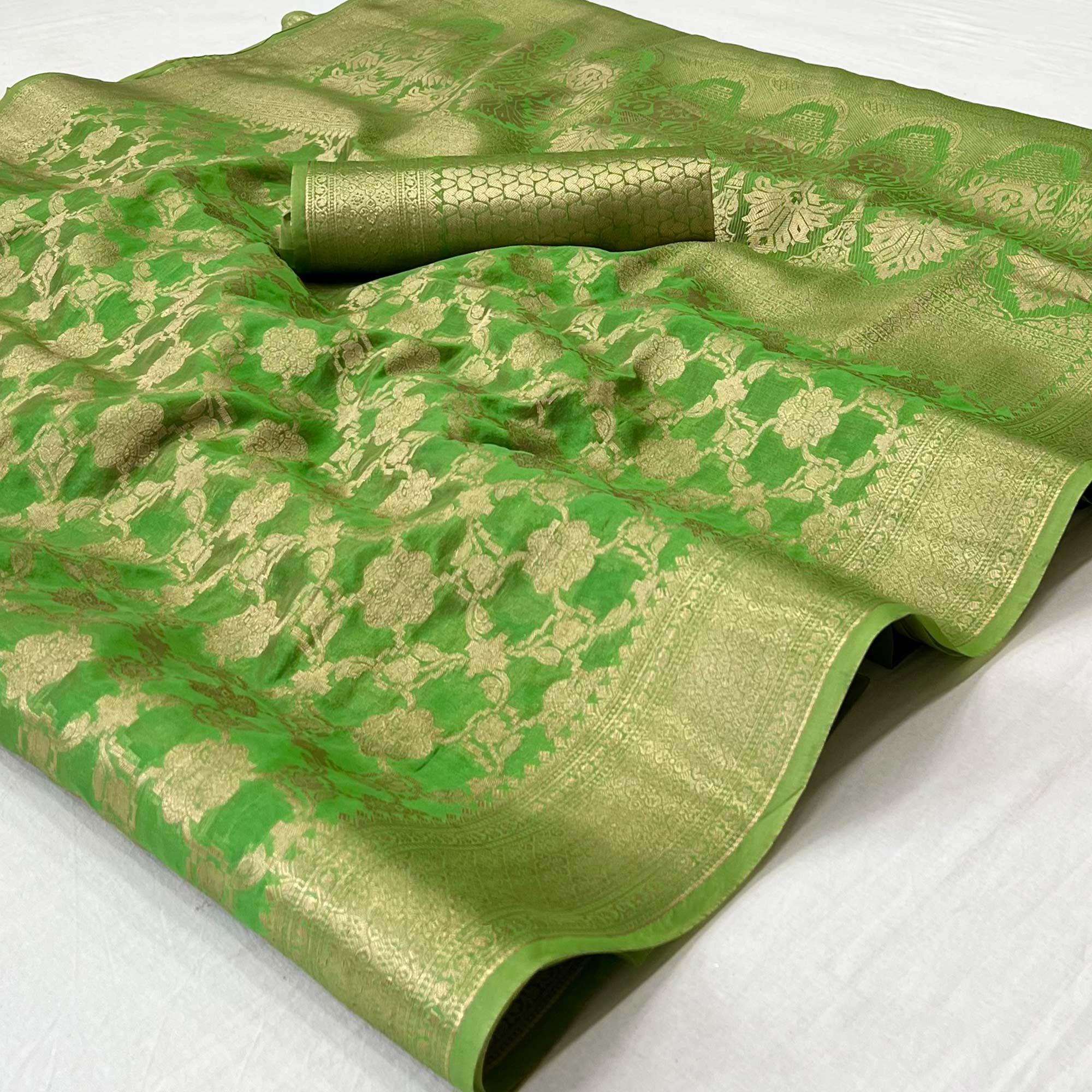 Green Woven Organza Saree - Peachmode