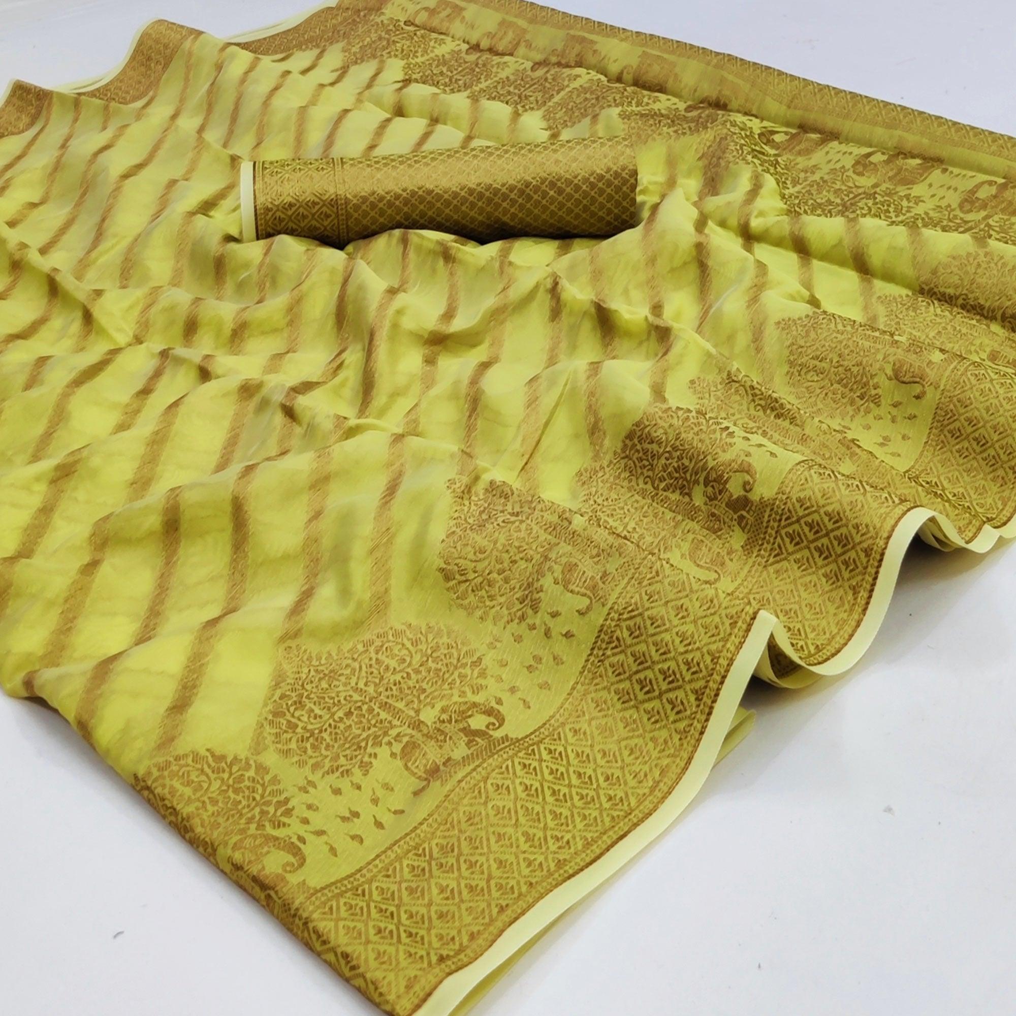 Green Woven Organza Saree - Peachmode