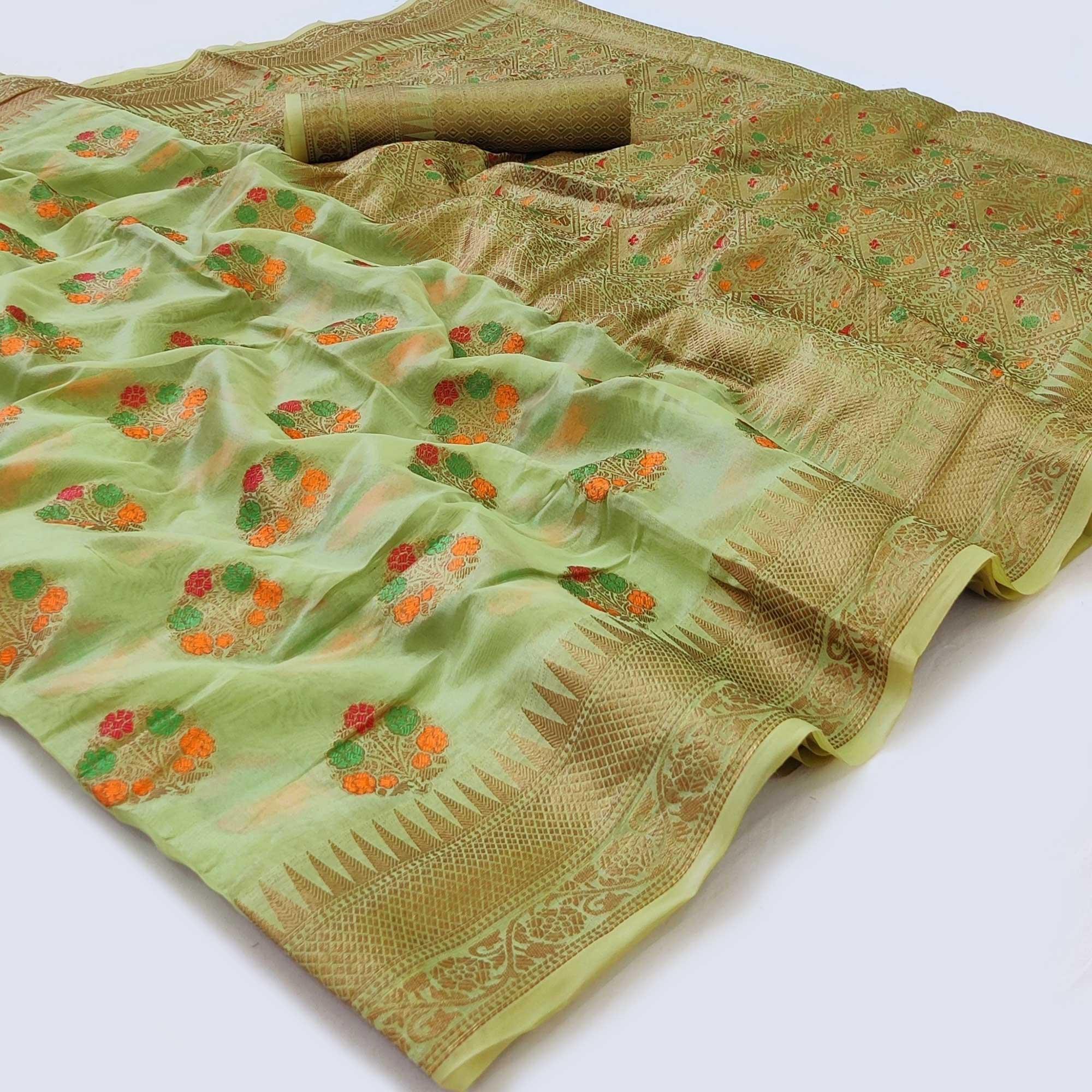 Green Woven Organza Saree - Peachmode