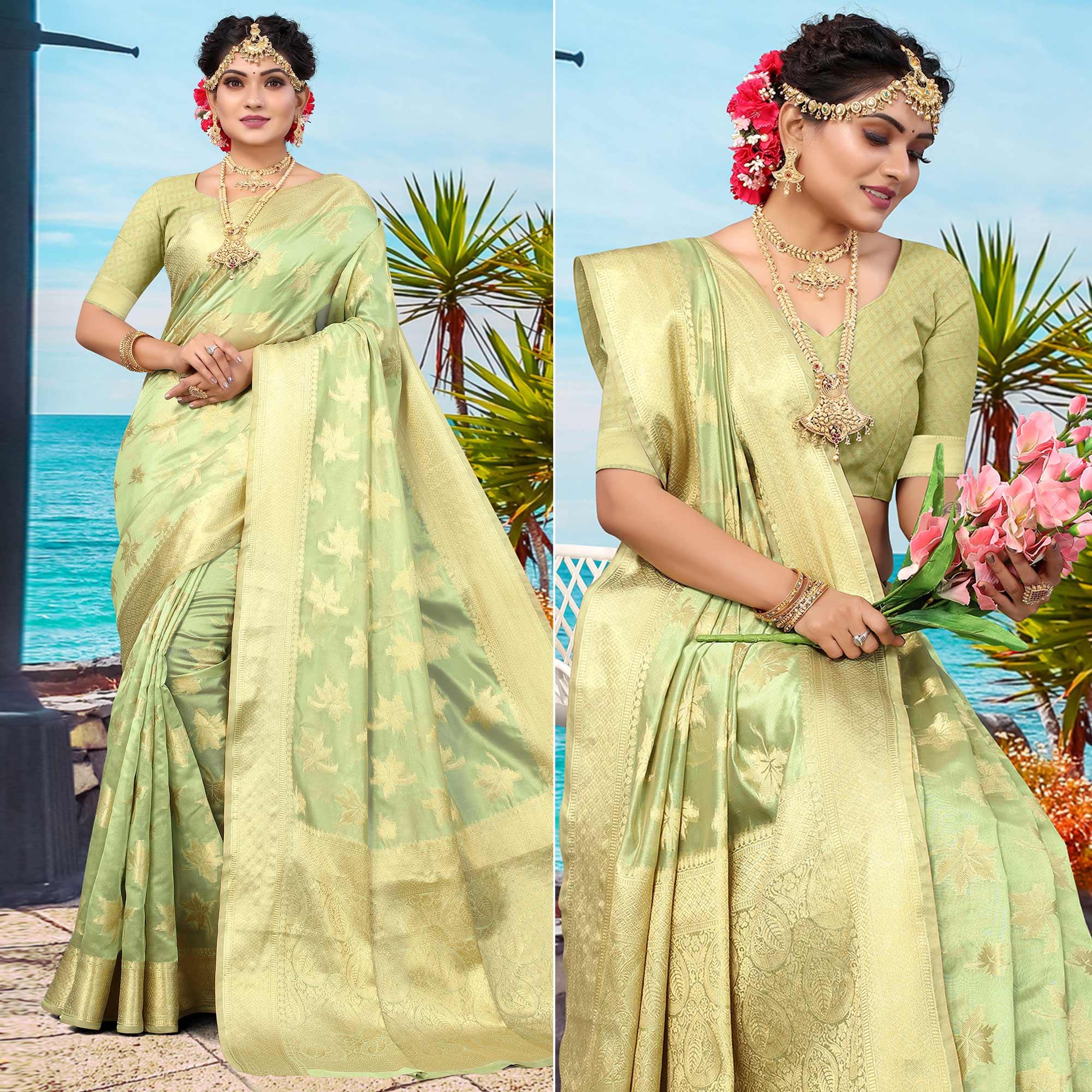 Green Woven Organza Saree - Peachmode