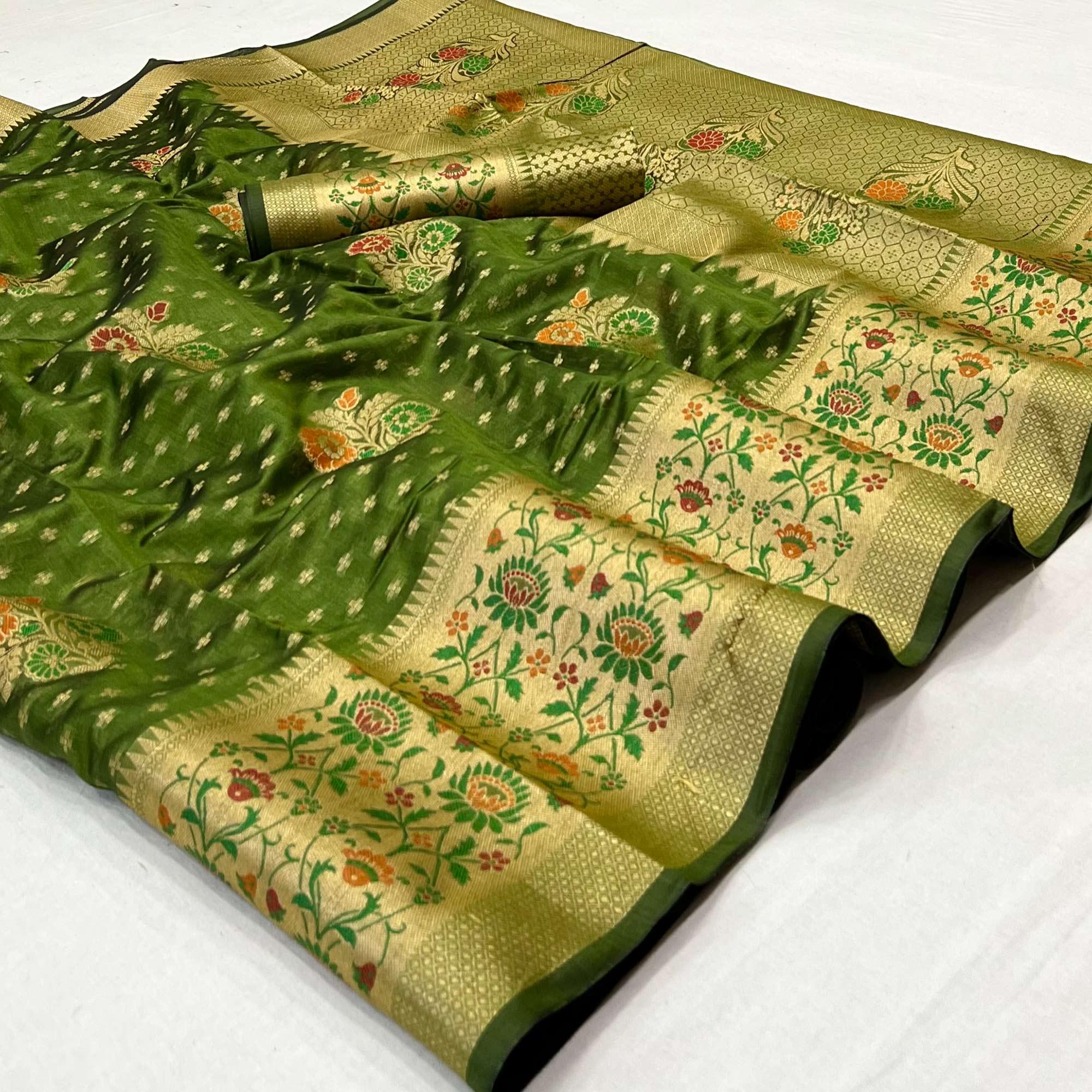 Green Woven Organza Saree - Peachmode